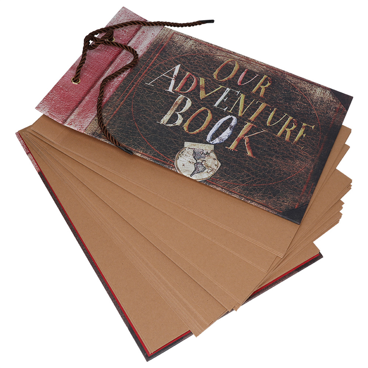 Ein offenes Buch mit dem Titel "OUR ADVENTURE BOOK". Die Seiten sind braun.