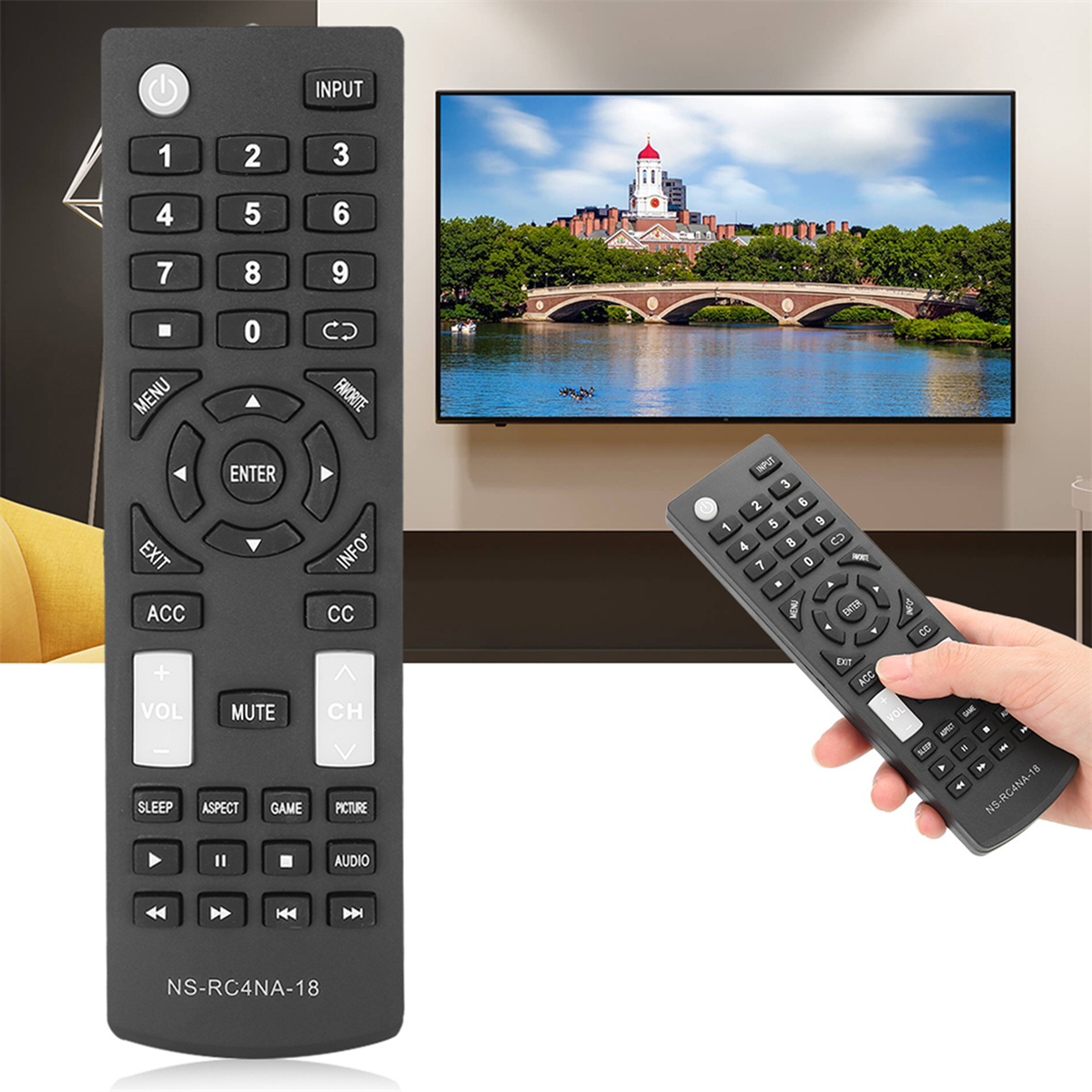 Eine schwarze Fernbedienung, die von einer Hand gehalten wird, und ein Fernseher, der eine Brücke über Wasser zeigt.