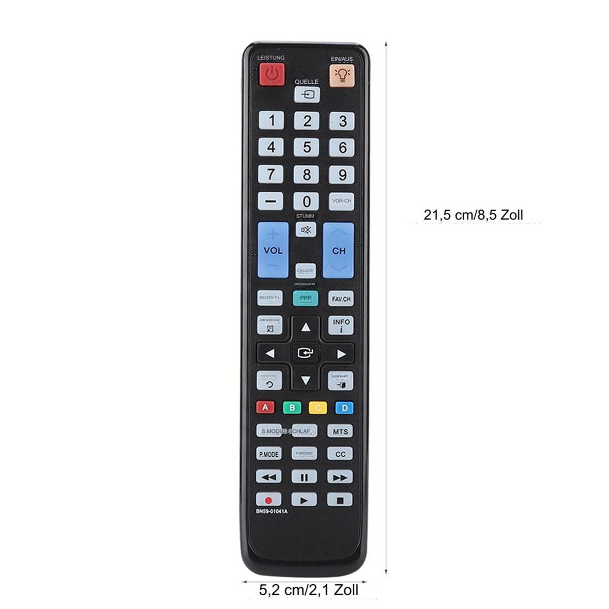 Schwarze TV-Fernbedienung mit Knöpfen und Maßangaben.