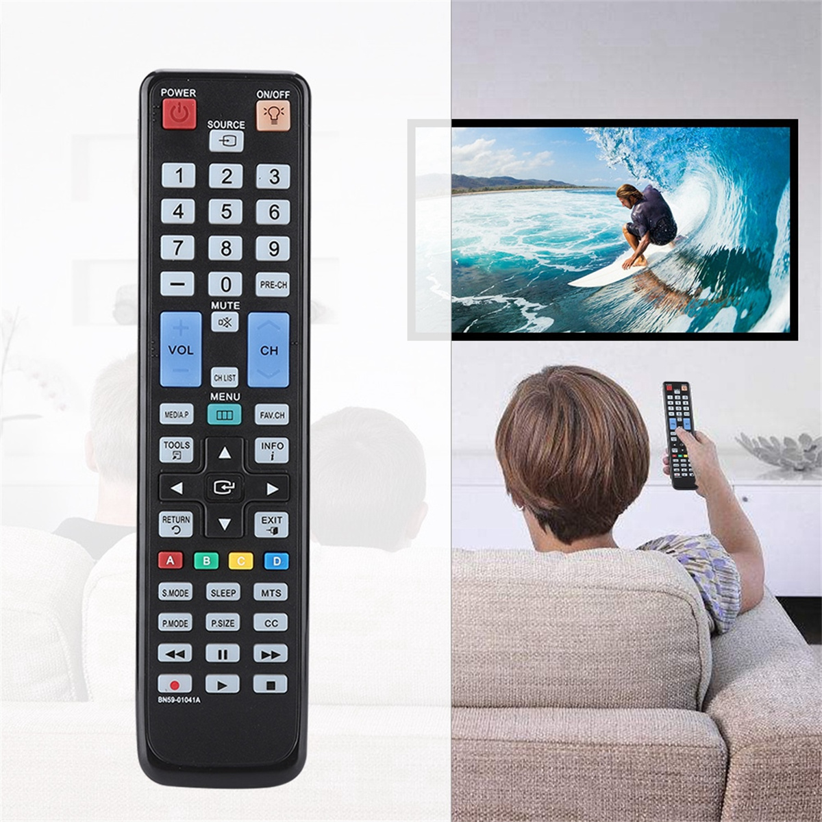 Eine TV-Fernbedienung und ein Fernsehbildschirm. Der Bildschirm zeigt eine Person beim Surfen.