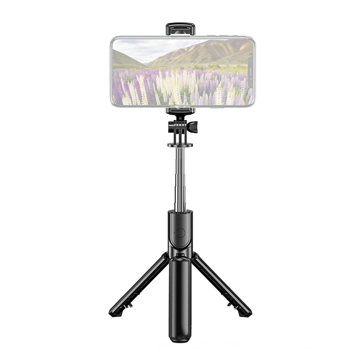 Schwarzer Selfie-Stick mit Telefonhalter. Telefon zeigt ein Feld mit lila Blumen. Weißer Hintergrund.