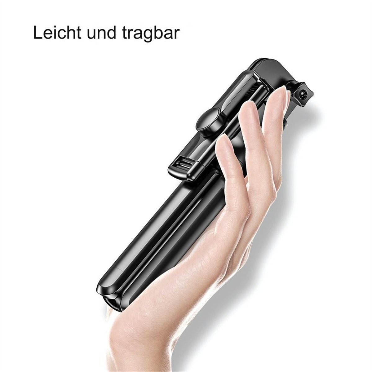 Eine Hand, die einen schwarzen Selfie-Stick hält. Der Stick ist zusammengeklappt und einsatzbereit.