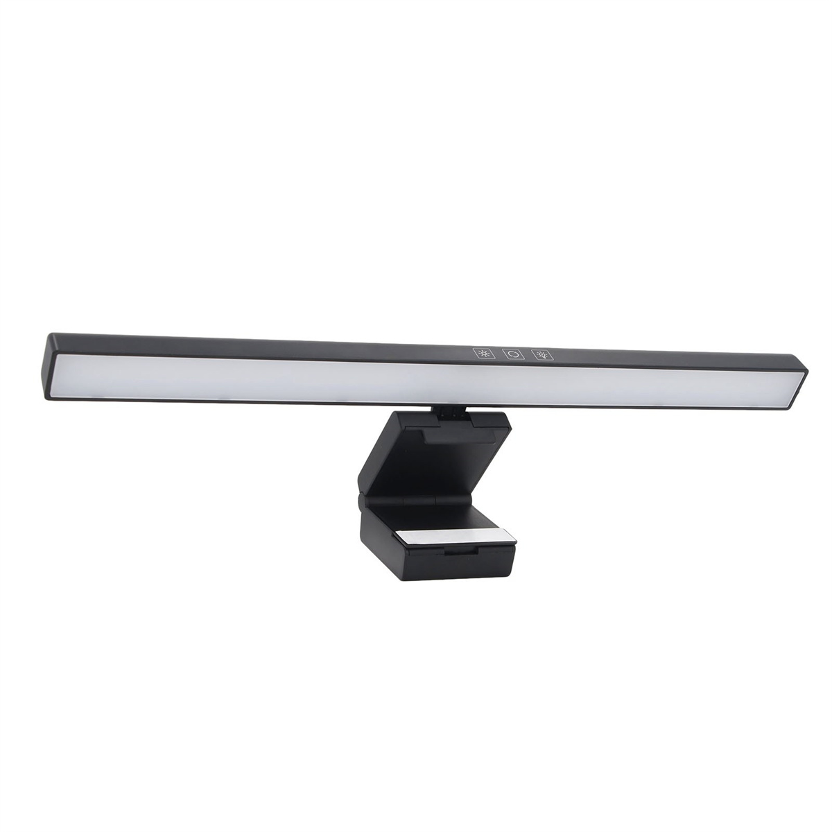 Schwarze LED-Schreibtischlampe. Sie hat einen langen Lichtbalken und einen schwenkbaren Sockel.