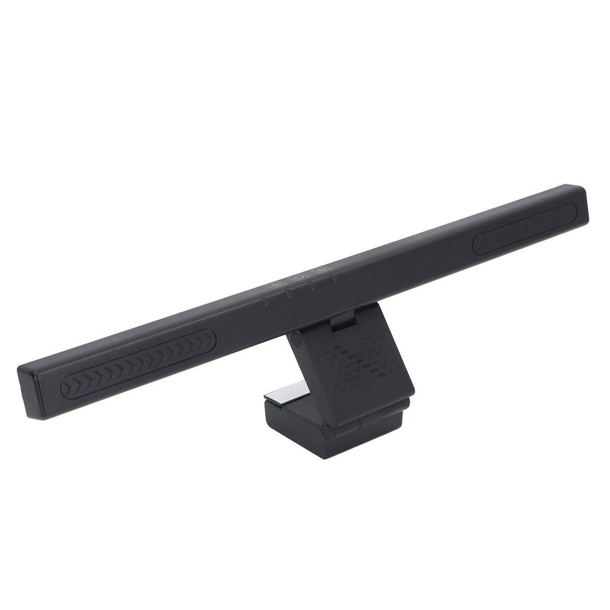 Eine schwarze LED-Schreibtischlampe mit einstellbaren Einstellungen, die an einer Oberfläche befestigt ist.