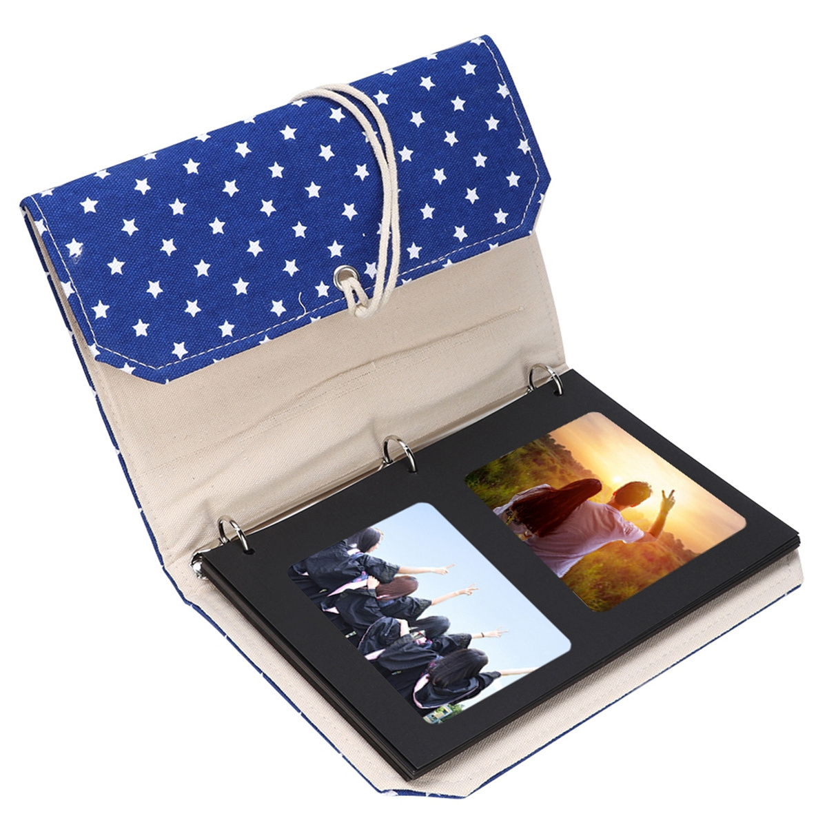 Fotoalbum mit Fotos, blauem Stern-Cover und Schnur.