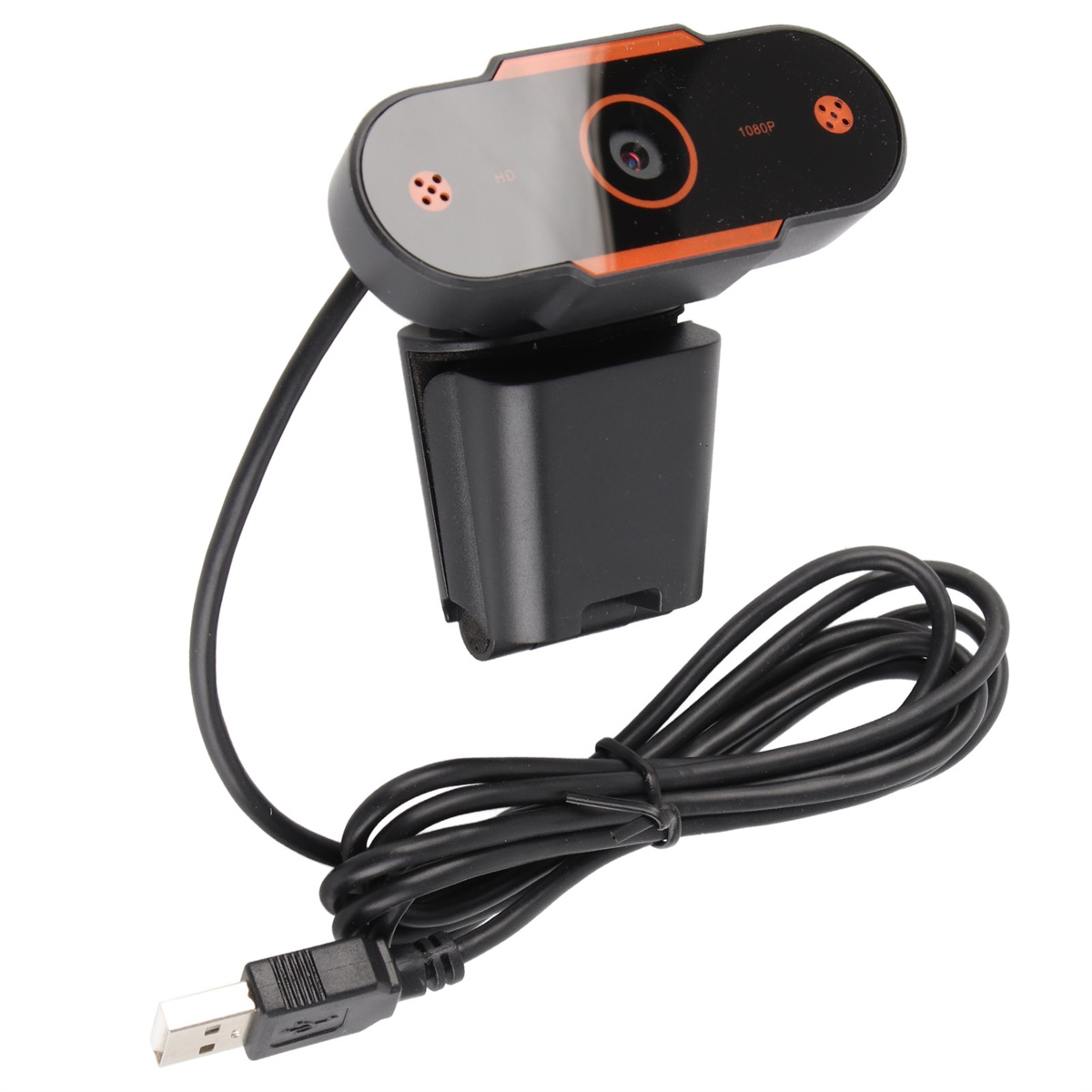 Eine schwarze Webcam mit orangefarbenem Akzent, Kabel und USB-Anschluss.