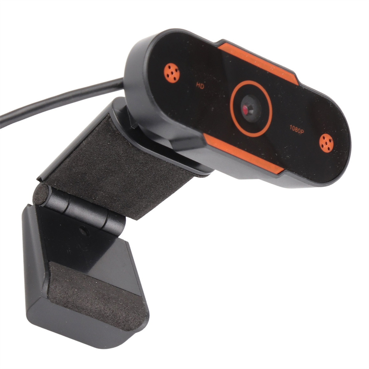 Eine schwarze Webcam mit orangefarbenen Akzenten und flexiblem Ständer.