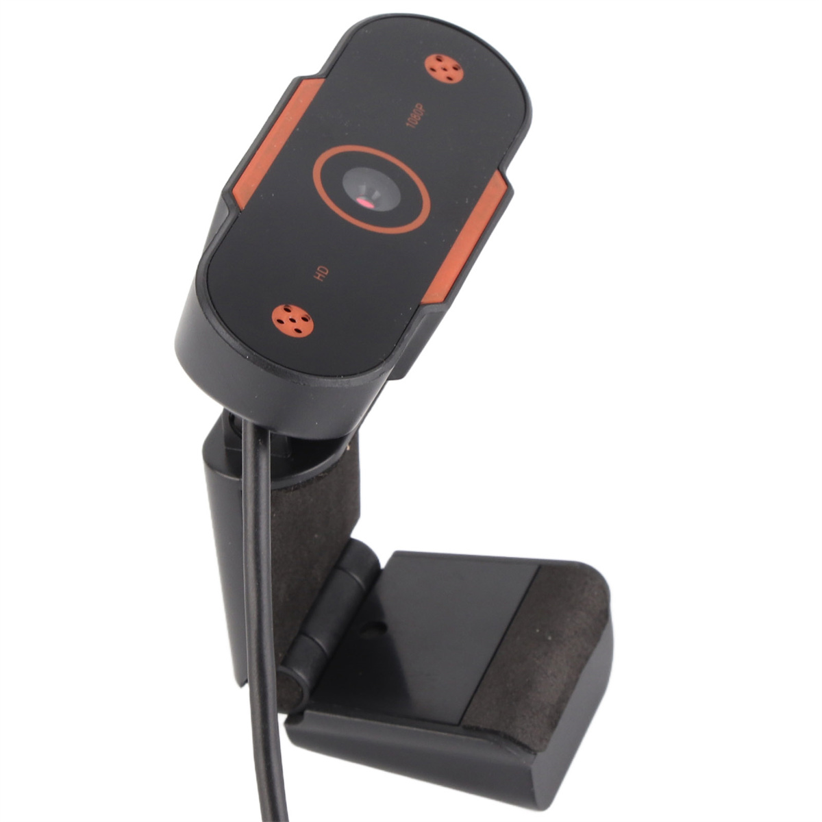 Webcam mit schwarzem und orangefarbenem Design, auf einem Ständer montiert. Zeigt Linse und Knöpfe.