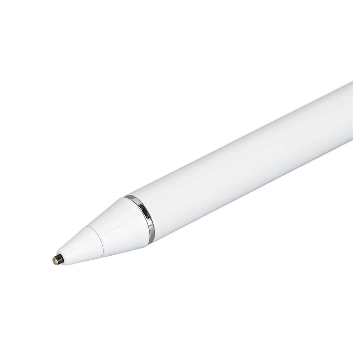 Weißer Stift mit schwarzer Spitze und silbernem Band. Isoliert auf weißem Hintergrund.