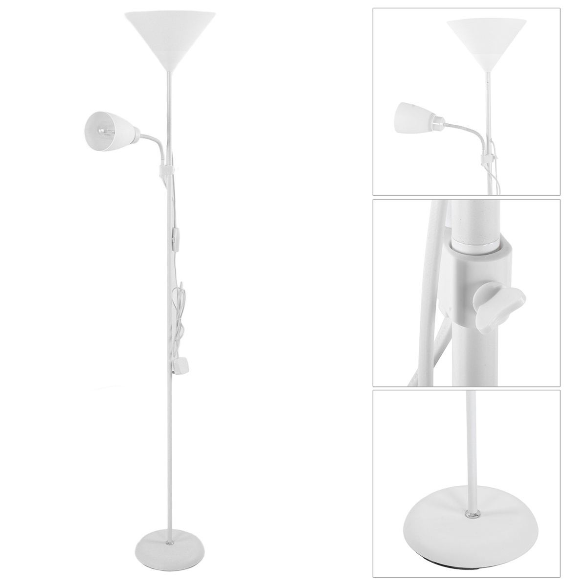 Eine weiße Stehlampe mit zwei Lichtern. Sie hat einen konischen Schirm und einen verstellbaren Spot. Hintergrund ist weiß.