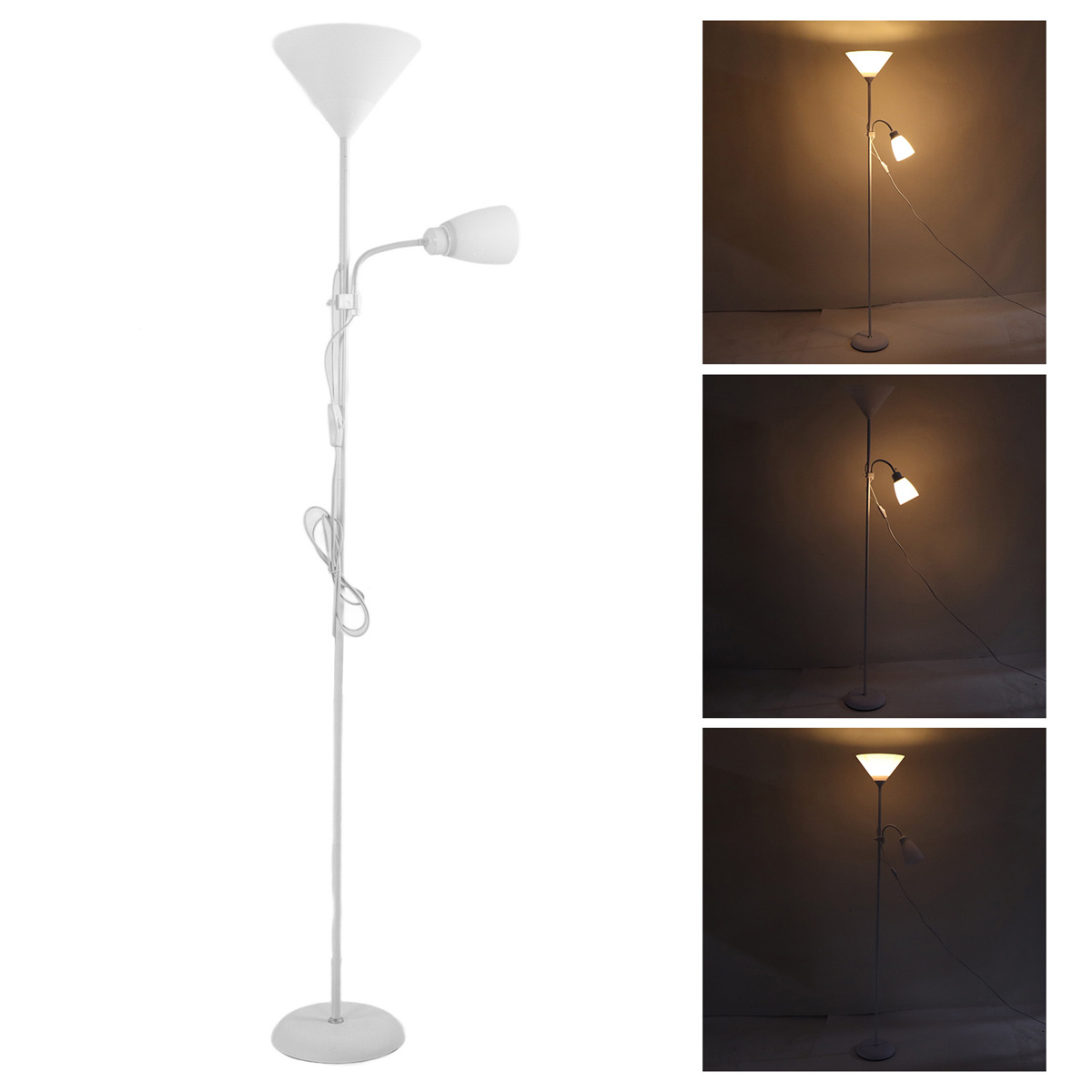 Weiße Stehlampe mit zwei Lichtern. Ein großes Oberlicht und ein kleineres, verstellbares Seitenlicht. Weißer Hintergrund.