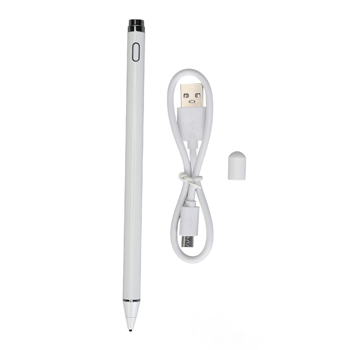 Weißer Stift, USB-Kabel und Kappe auf weißem Hintergrund.