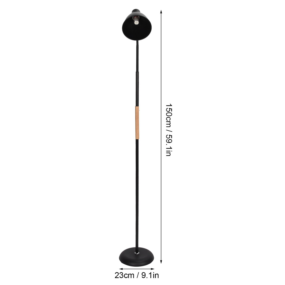 Schwarze Stehlampe mit Holzakzent und schwarzem Schirm. Sie ist 150 cm / 59,1 Zoll hoch, mit einem 23 cm / 9,1 Zoll Sockel.