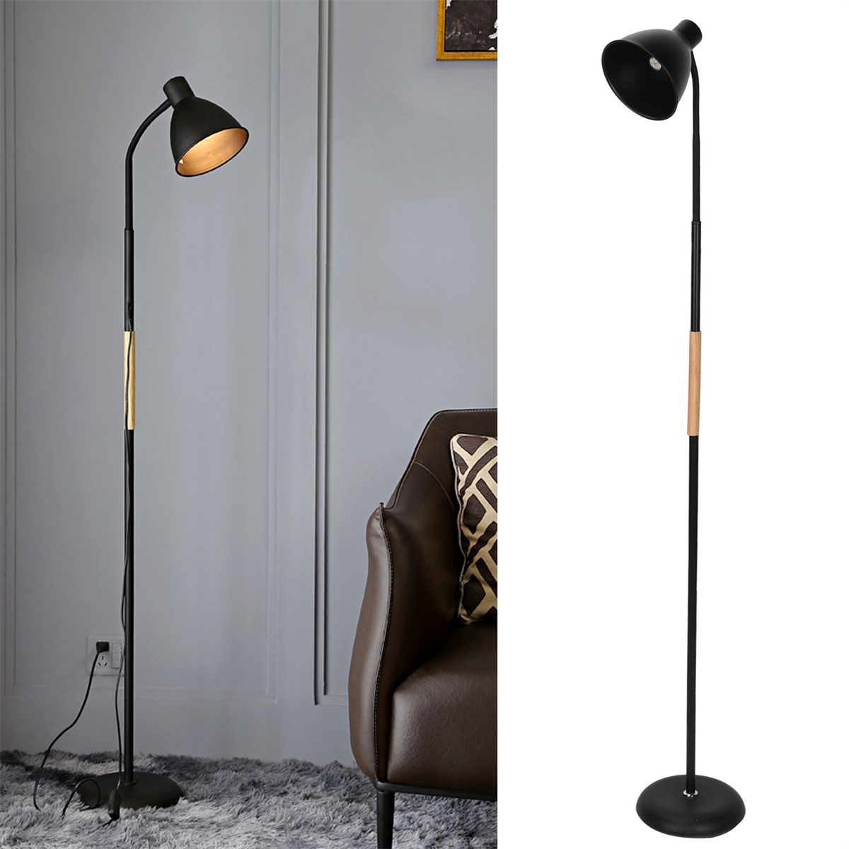 Eine schwarze Stehlampe mit Holzakzent und schwarzem Lampenschirm, die einen Raum beleuchtet.