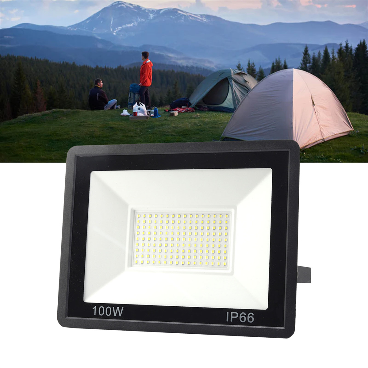Ein Flutlicht und eine Camping-Szene mit zwei Zelten und Personen, die auf einem Hügel sitzen.