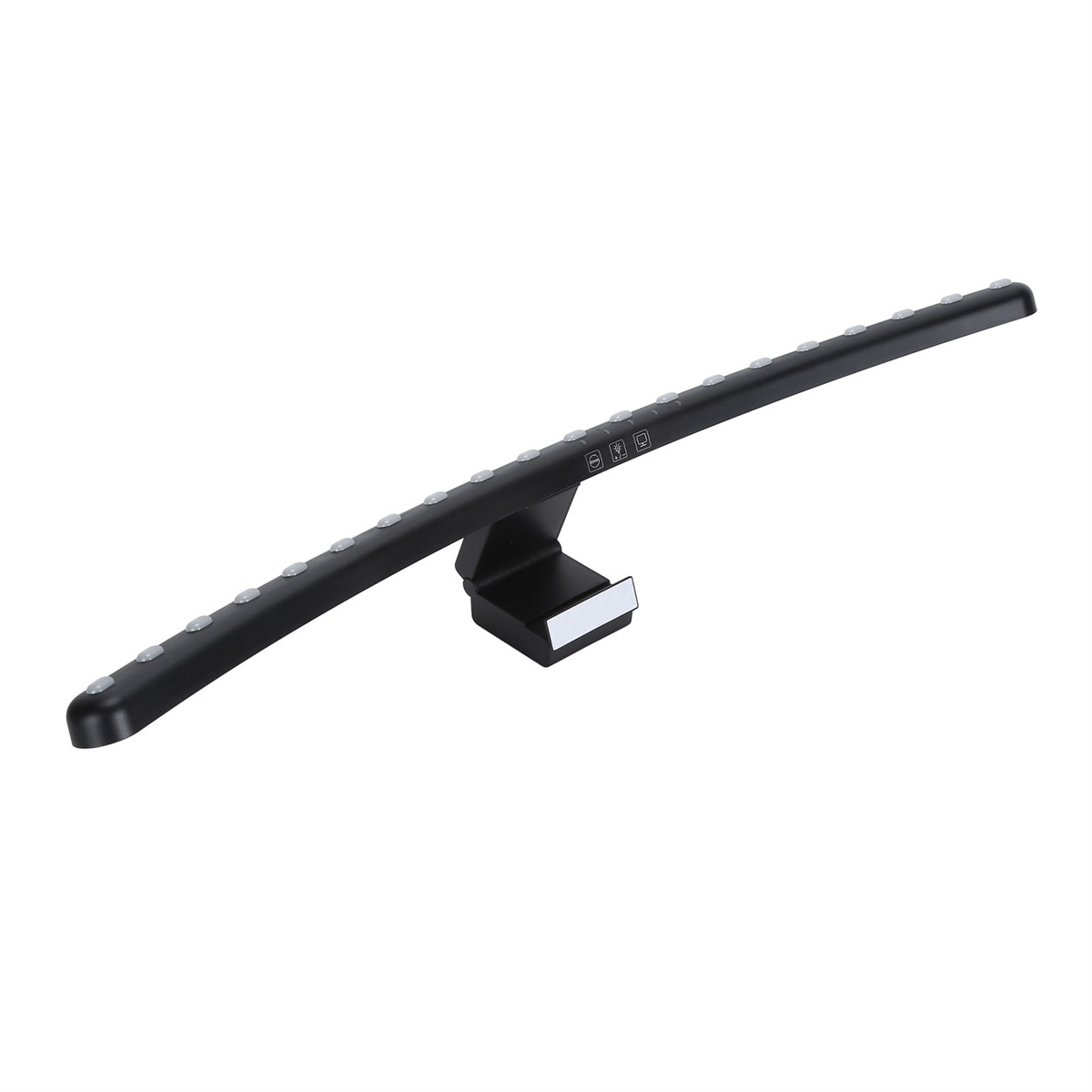 Schwarze LED-Schreibtischlampe mit Ständer und Touch-Tasten oben.