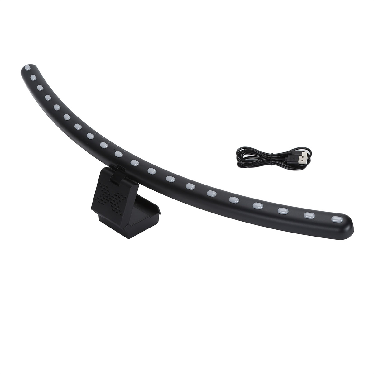 Eine schwarze, gebogene Schreibtischlampe mit Lichtern liegt auf einer weißen Oberfläche mit einem USB-Kabel.