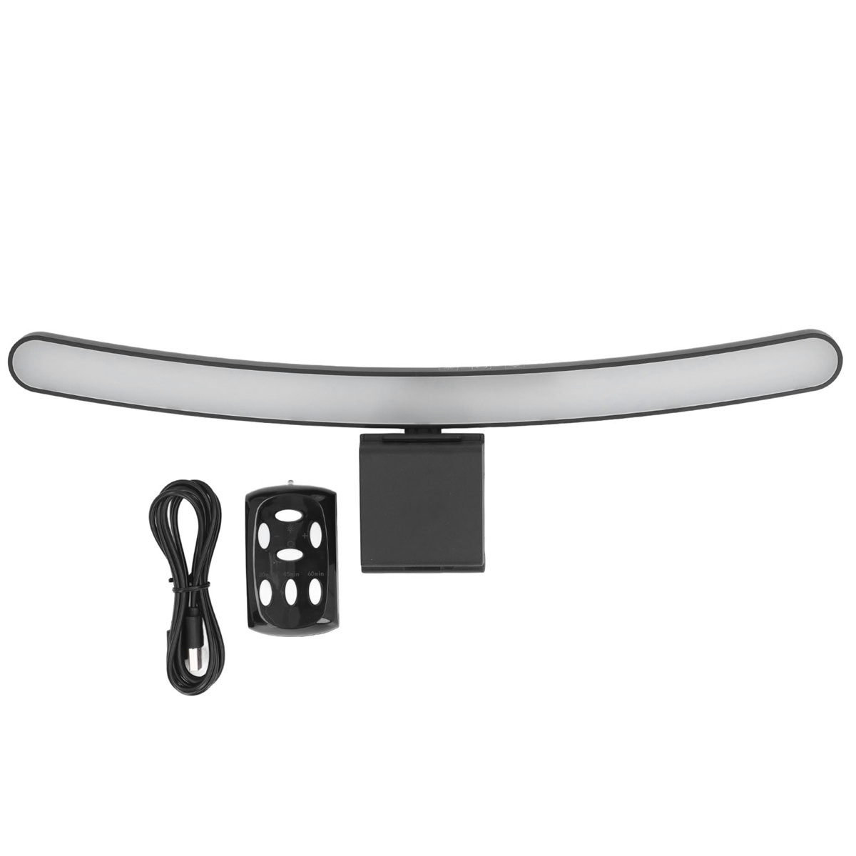 Gebogene LED-Lichtleiste mit USB-Kabel und schwarzer Steuerbox. Sauberer, weißer Hintergrund.