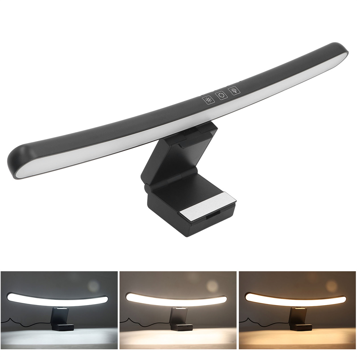Schwarze Schreibtischlampe mit weißem Licht und drei Lichtmodi.