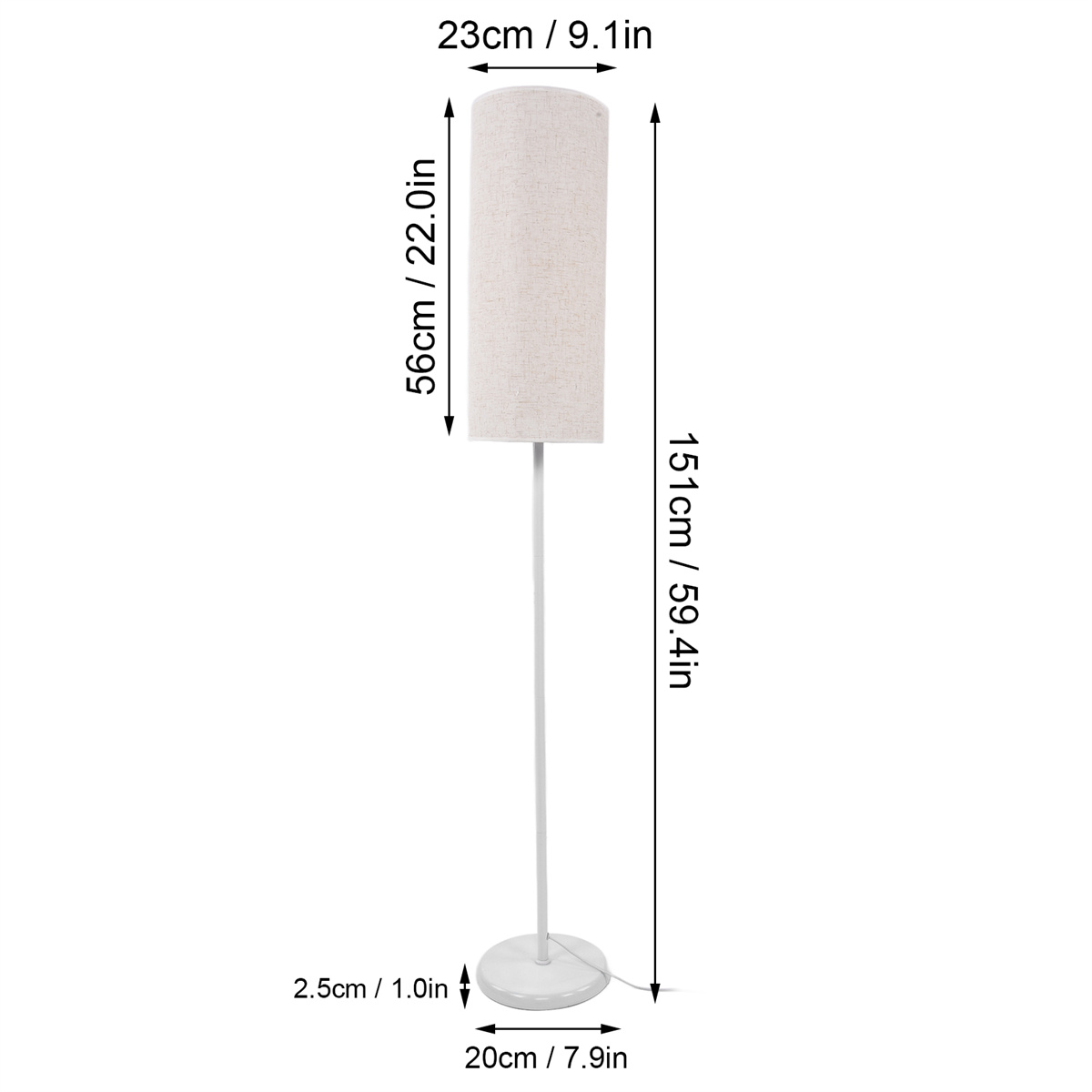 Hohe weiße Stehlampe mit beigem Schirm. Abmessungen sind auf dem Bild angegeben.
