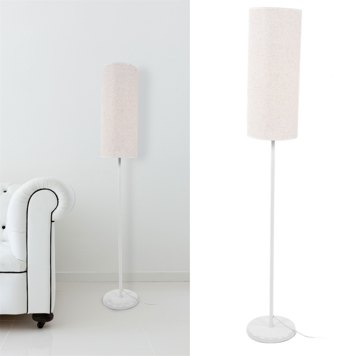 Stehlampe mit weißem Sockel und Schirm. Weiße Wand und Sofa im Hintergrund.