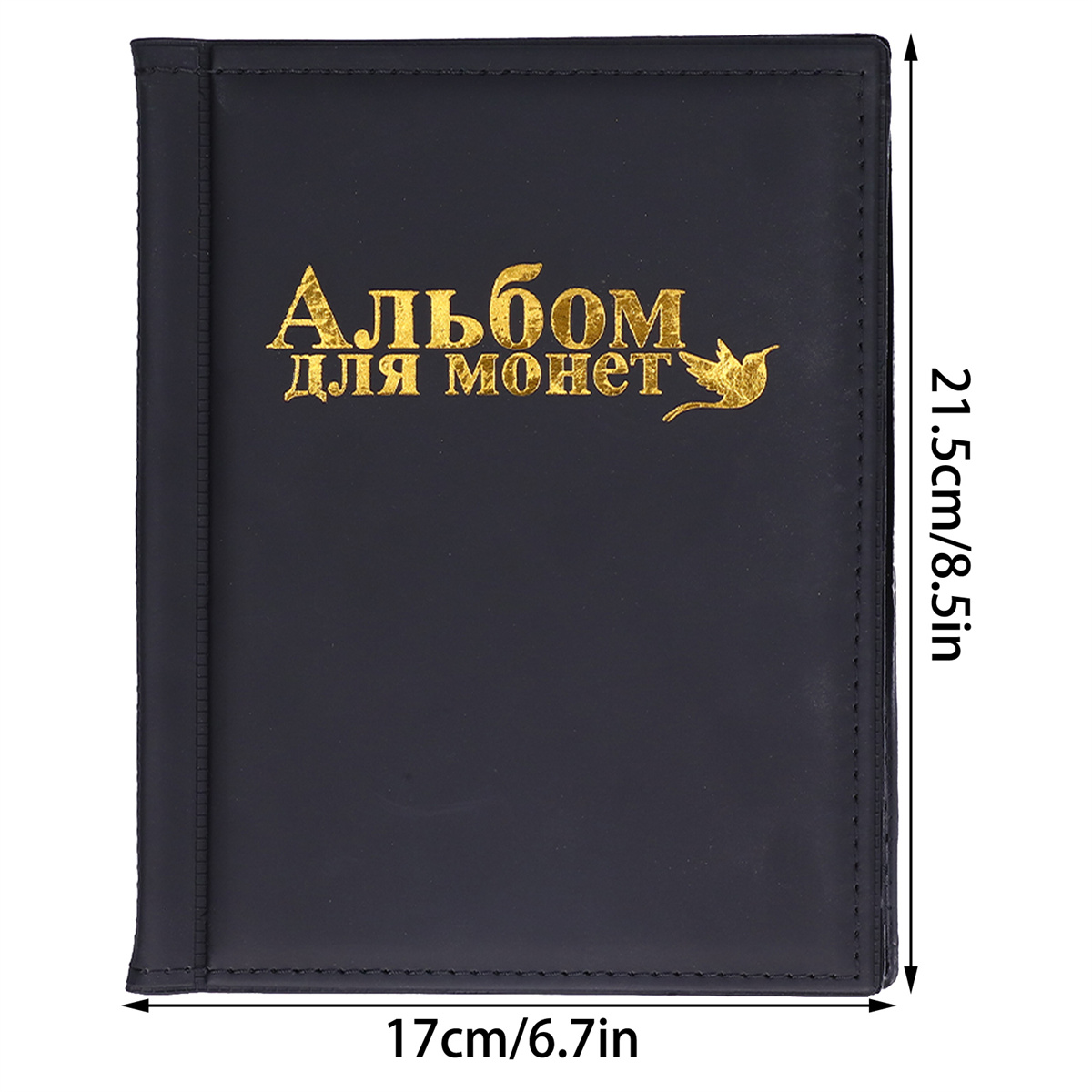 Schwarzes Notizbuch mit goldener Schrift, die 'Album für Münzen' in einer Fremdsprache sagt.