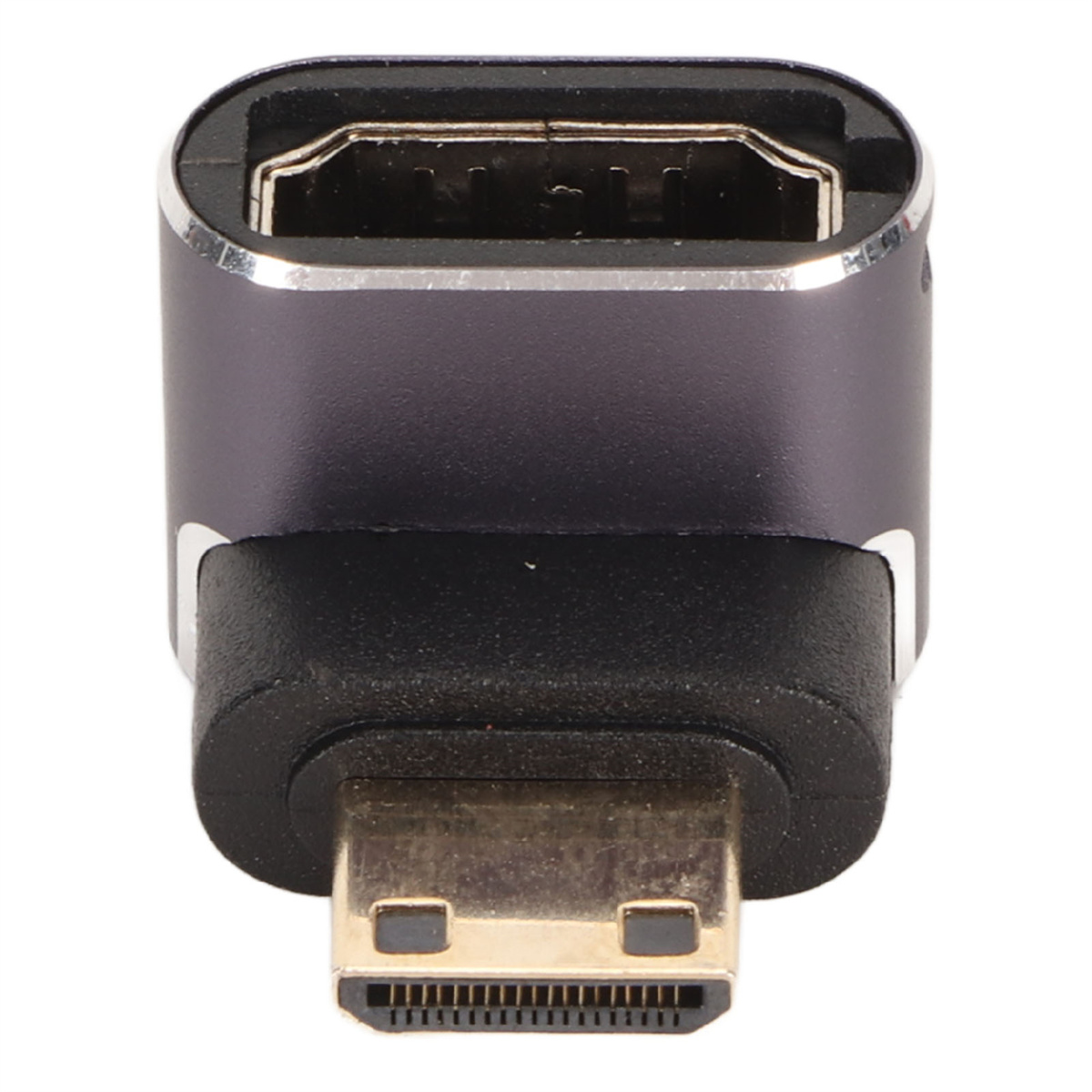 Nahaufnahme eines HDMI-zu-Mini-HDMI-Adapters, silber und schwarz.
