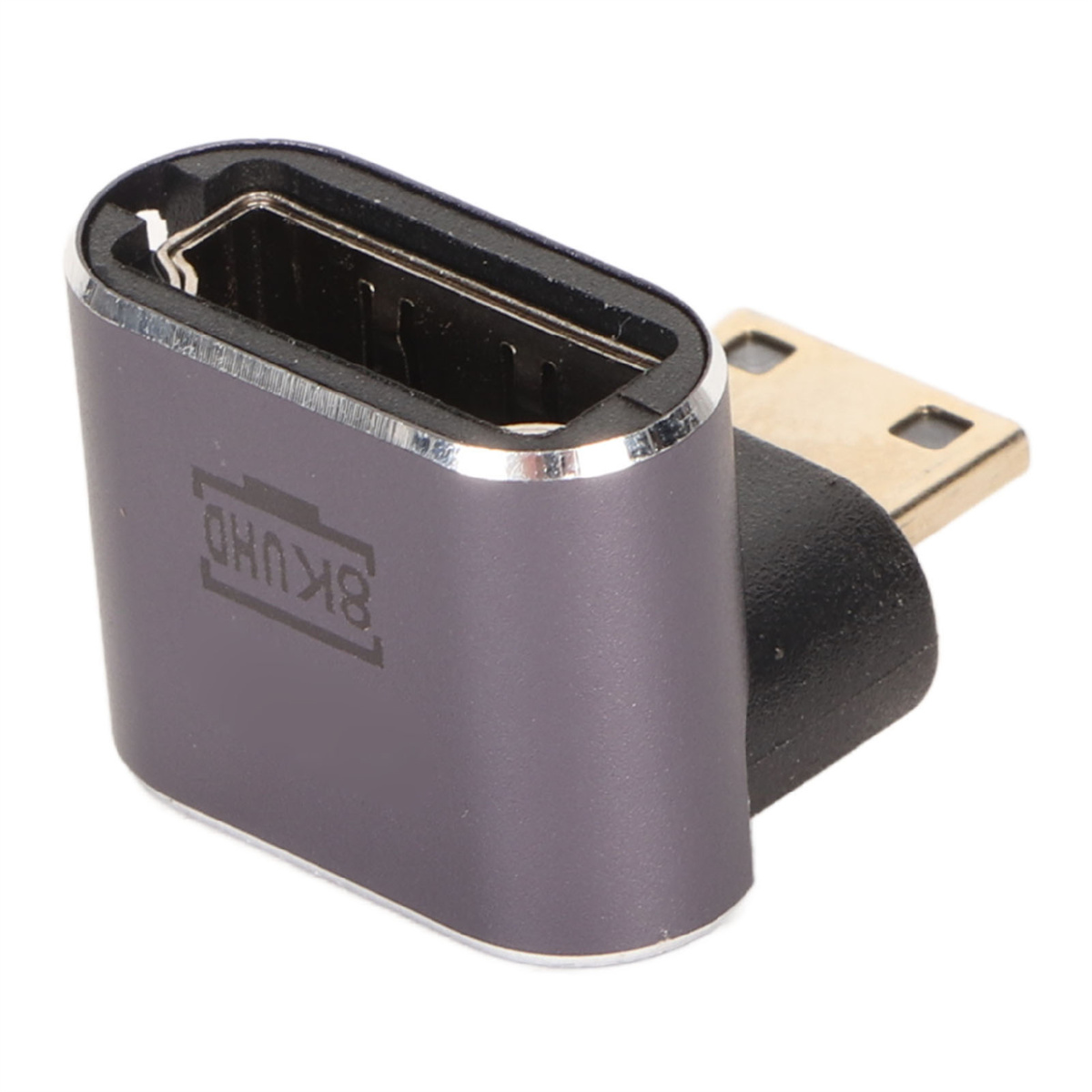 Grauer USB-C-zu-USB-Adapter mit silbernem Rand und dem Text '8K UHD' aufgedruckt.