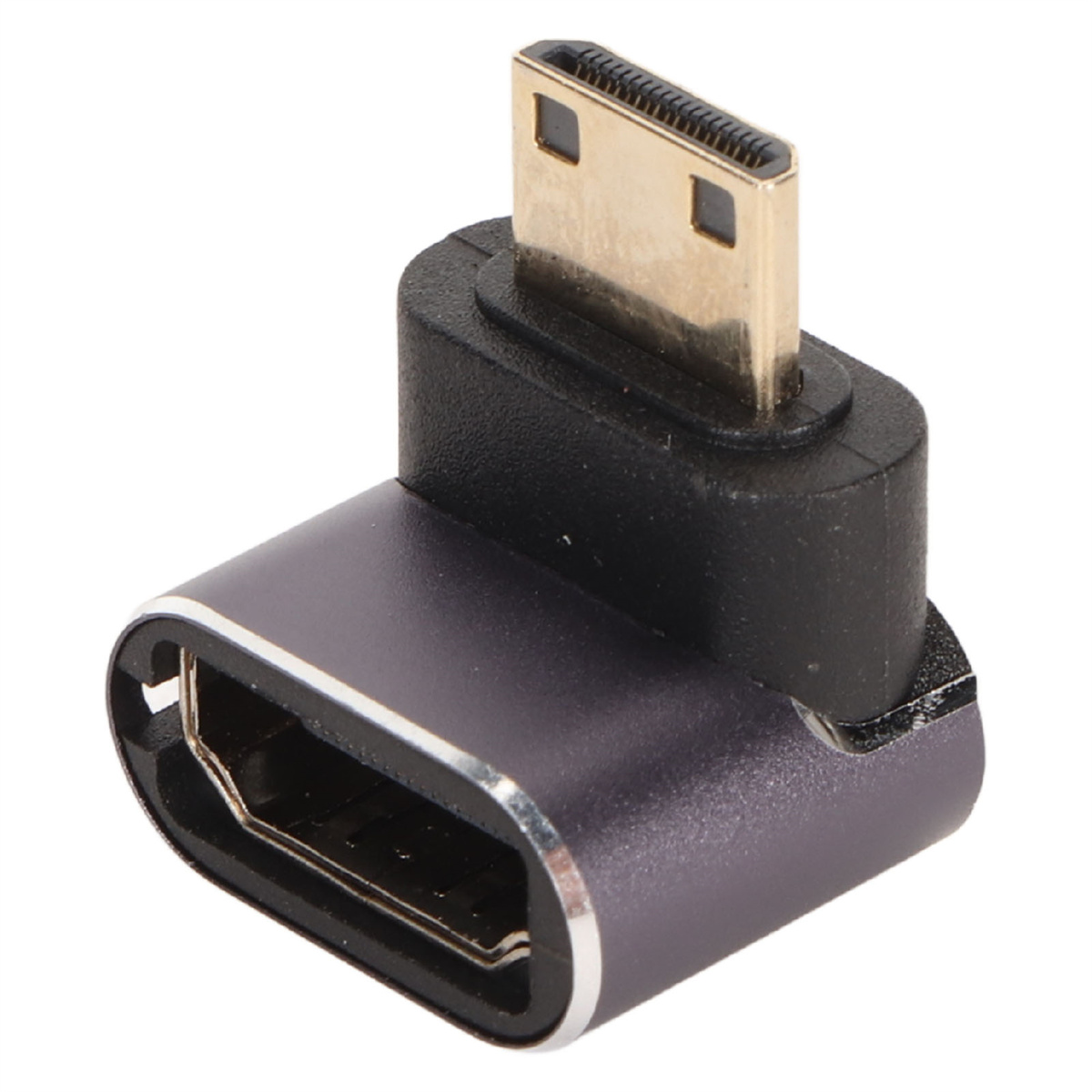 Ein HDMI-Adapter in Schwarz und Silber, abgewinkelt mit einem HDMI-Stecker.