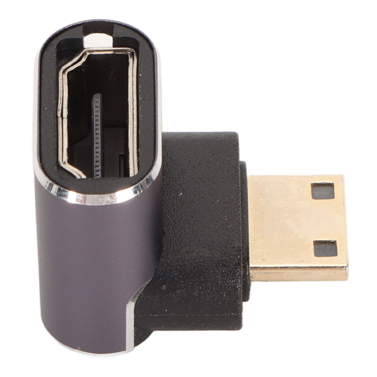 Ein grauer und schwarzer Winkeladapter mit einem USB-A-Anschluss und einem Mini-DisplayPort-Anschluss.