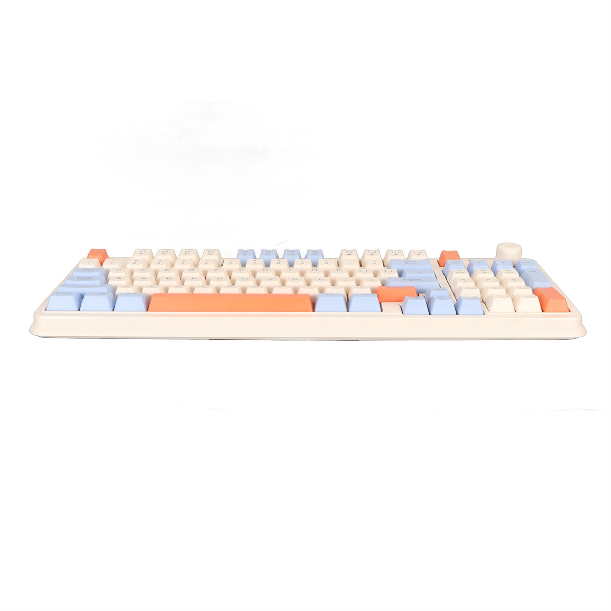 Eine weiße Tastatur mit einem hellblauen, orangen und weißen Farbschema. Die Tasten sind sichtbar.