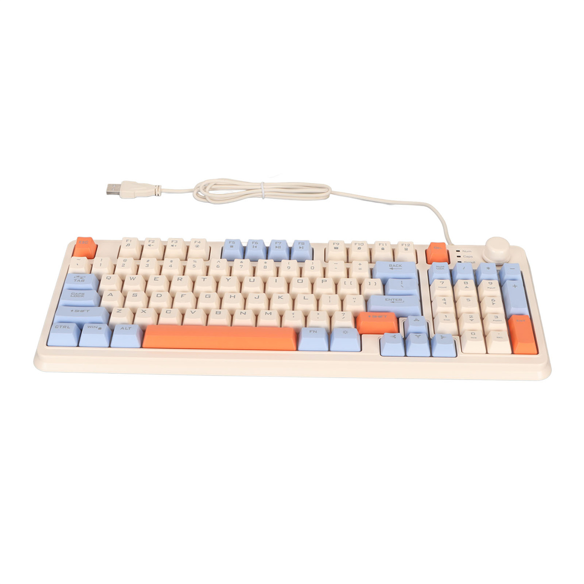 Eine beige Tastatur mit orangefarbenen und blauen Tasten. Sie hat ein USB-Kabel und einen weißen Hintergrund.