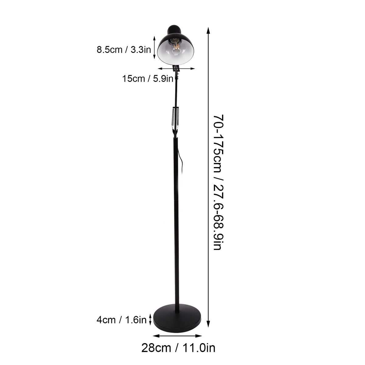 Eine schwarze Stehlampe mit verstellbarem Arm und rundem Fuß, mit angegebenen Maßen.