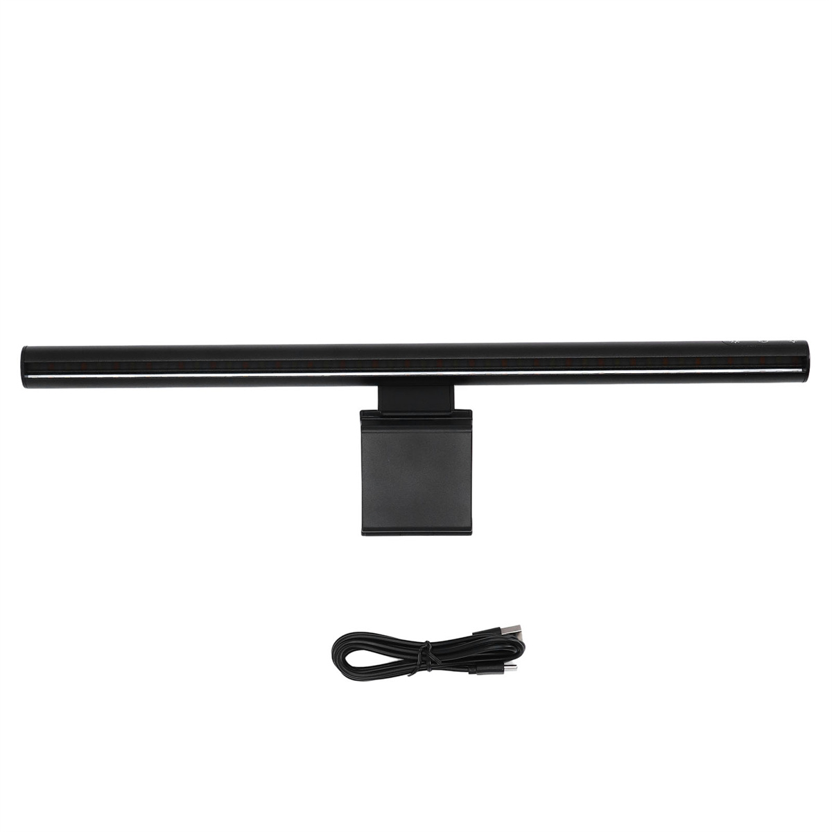 Schwarze Balkenleuchte mit Sockel und USB-Kabel auf weißem Hintergrund.