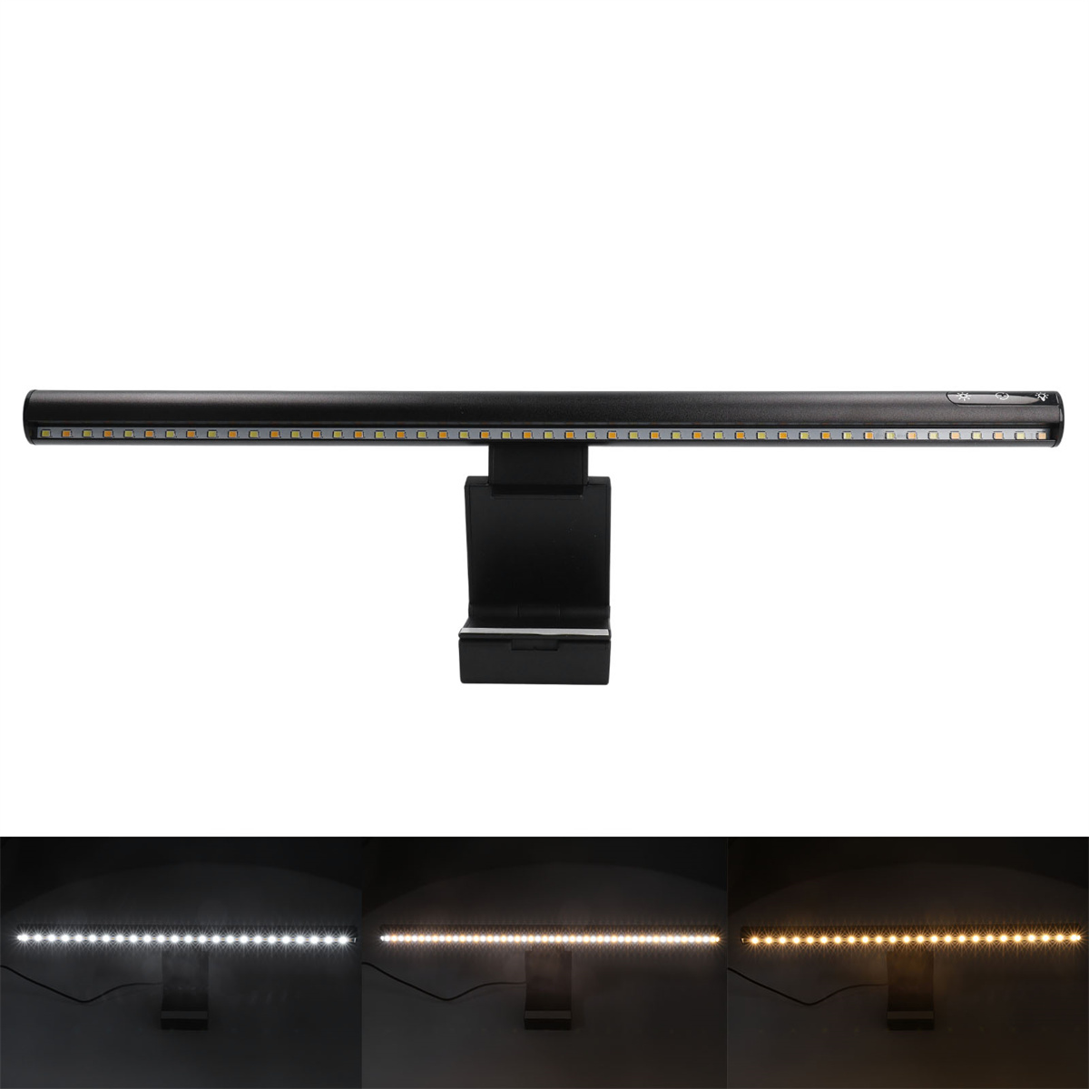 Eine schwarze Schreibtischlampe mit LEDs und drei Bildern mit verschiedenen Lichteinstellungen.