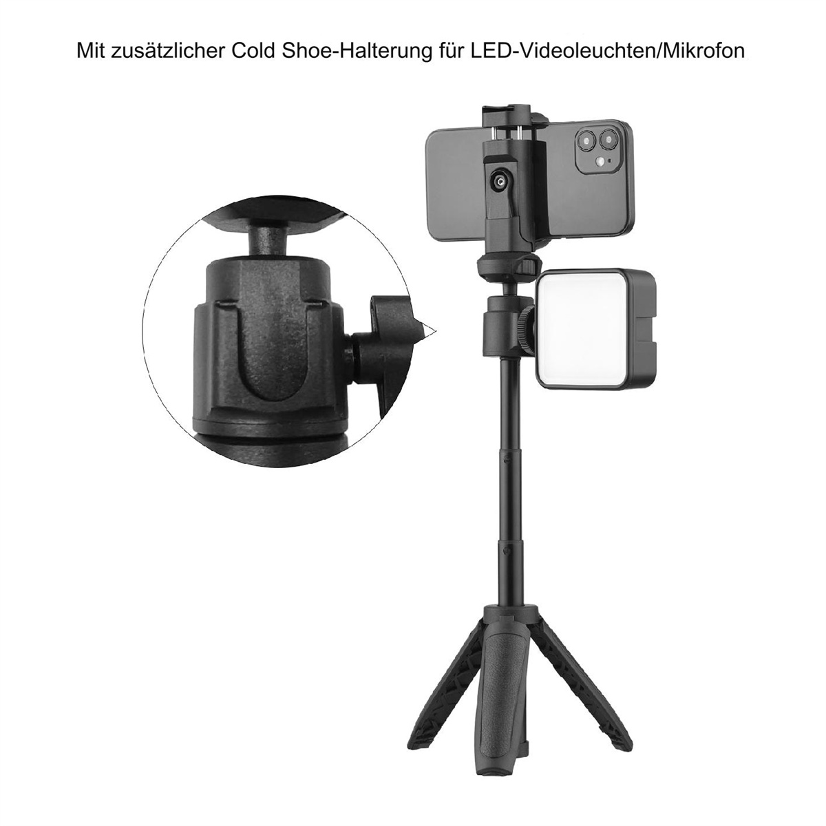 Ein schwarzes Stativ mit Smartphone und kleiner LED-Leuchte. Der Hintergrund ist weiß.