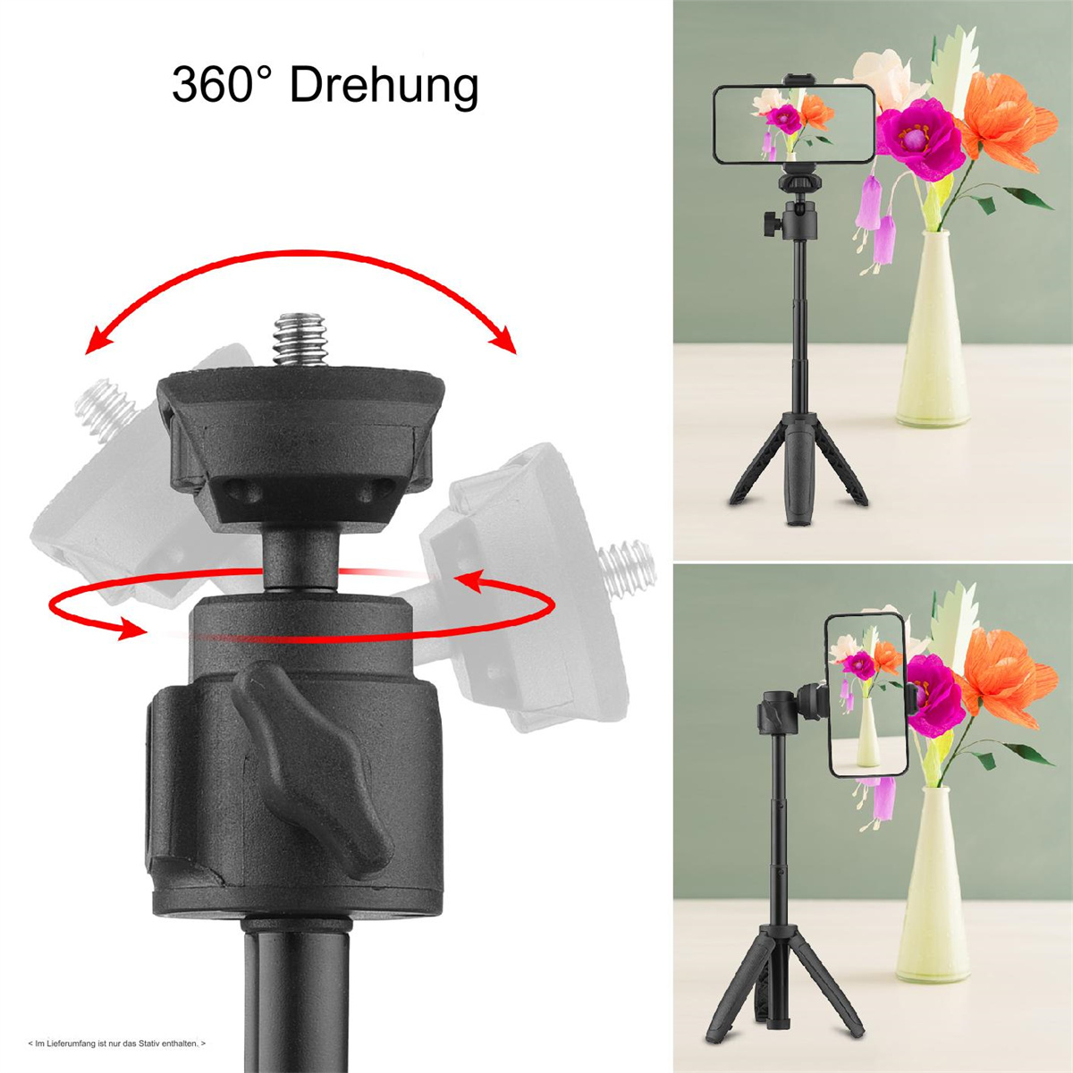 Stativ mit montiertem Telefon, drehbar. Zeigt verschiedene Winkel und die 360-Grad-Drehung.