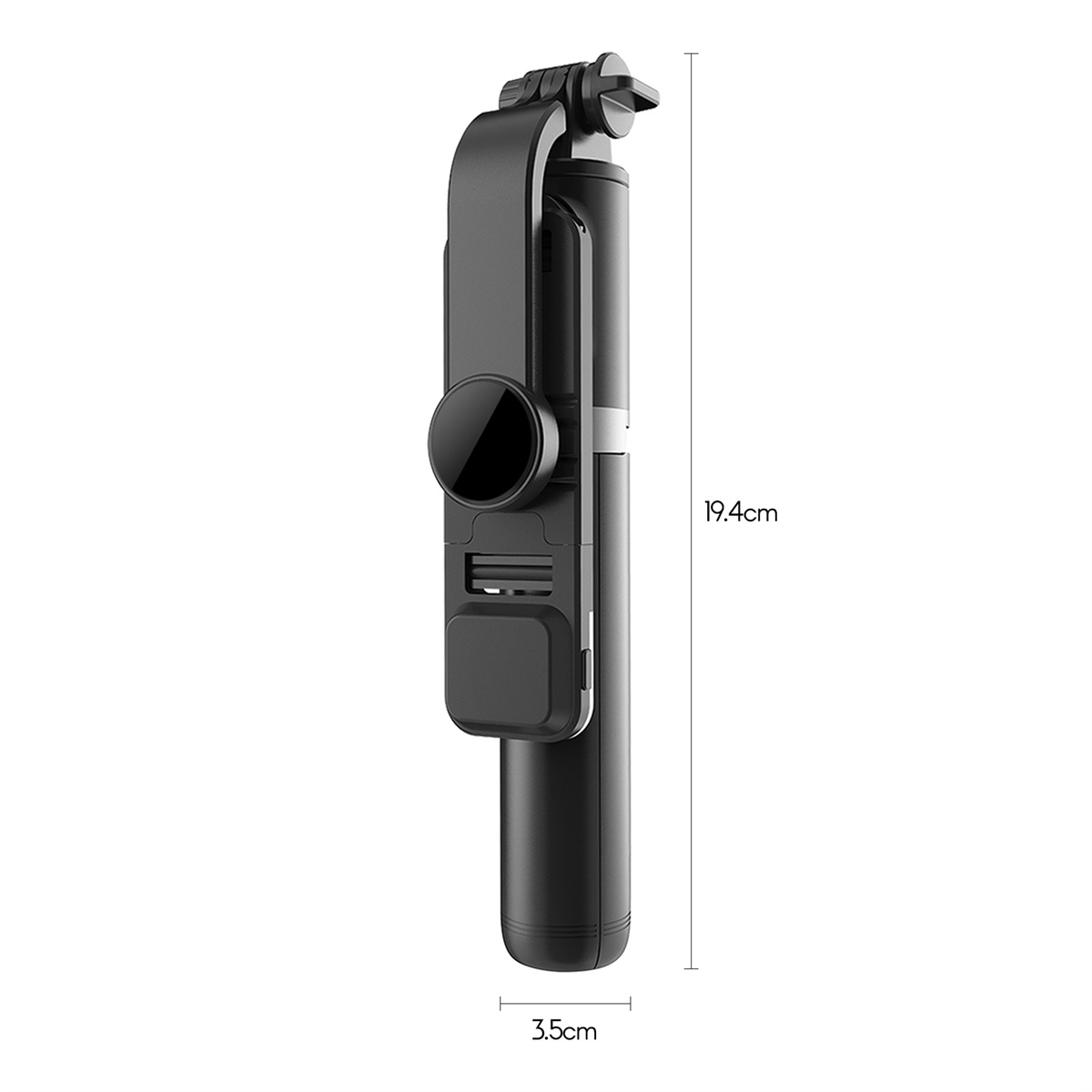 Ein schwarzer Selfie-Stick, zusammengeklappt. Er ist 19,4 cm lang und 3,5 cm breit.