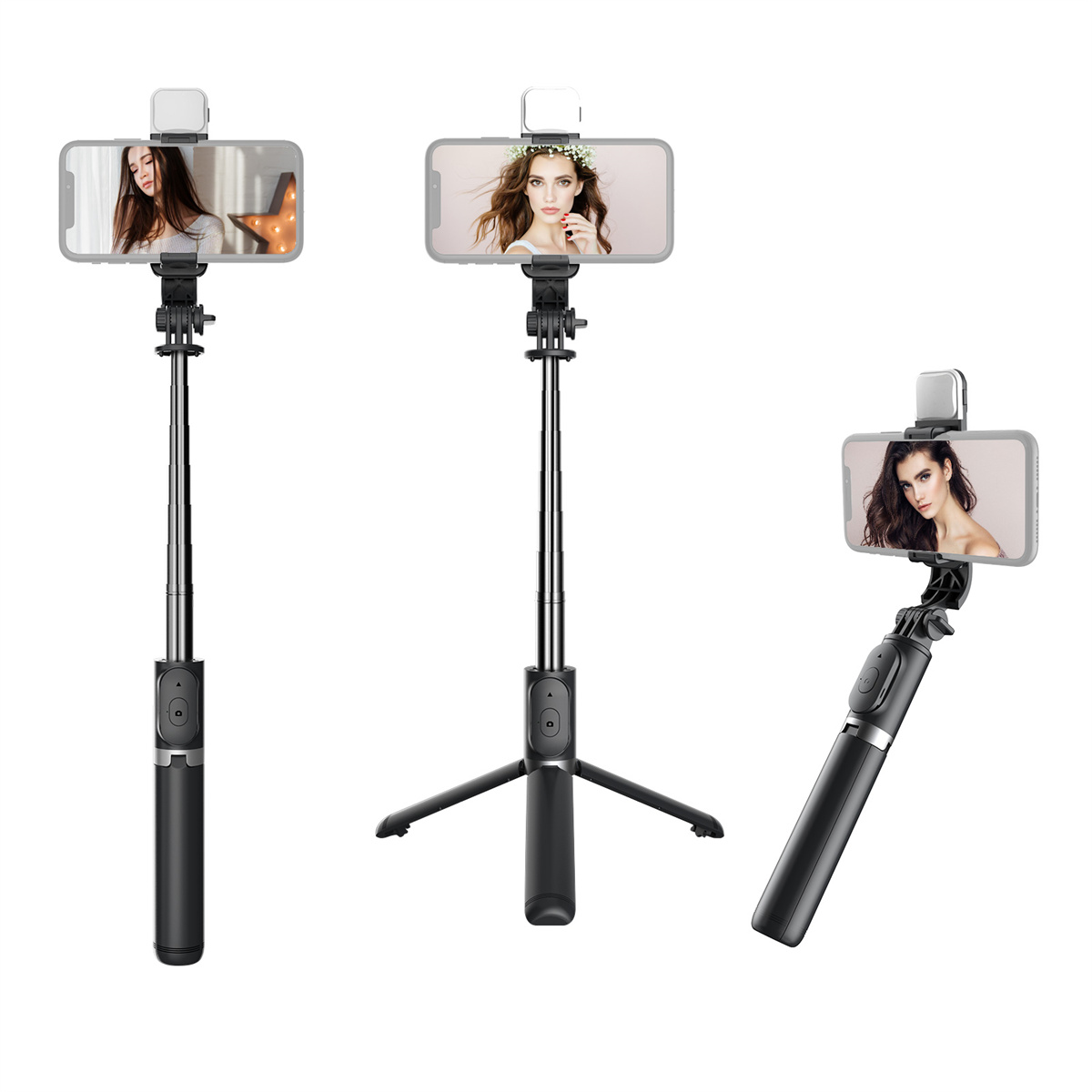 Drei Smartphones auf Selfie-Sticks, die jeweils das Bild einer Frau zeigen. Weißer Hintergrund.