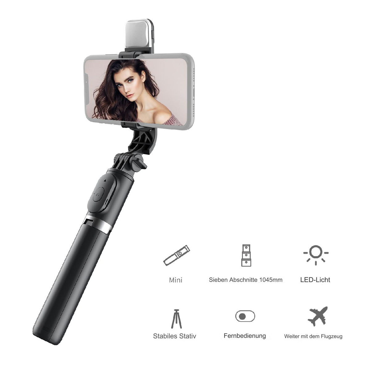 Ein Selfie-Stick, der ein Telefon mit einem Frauenbild hält, und Symbole drumherum.