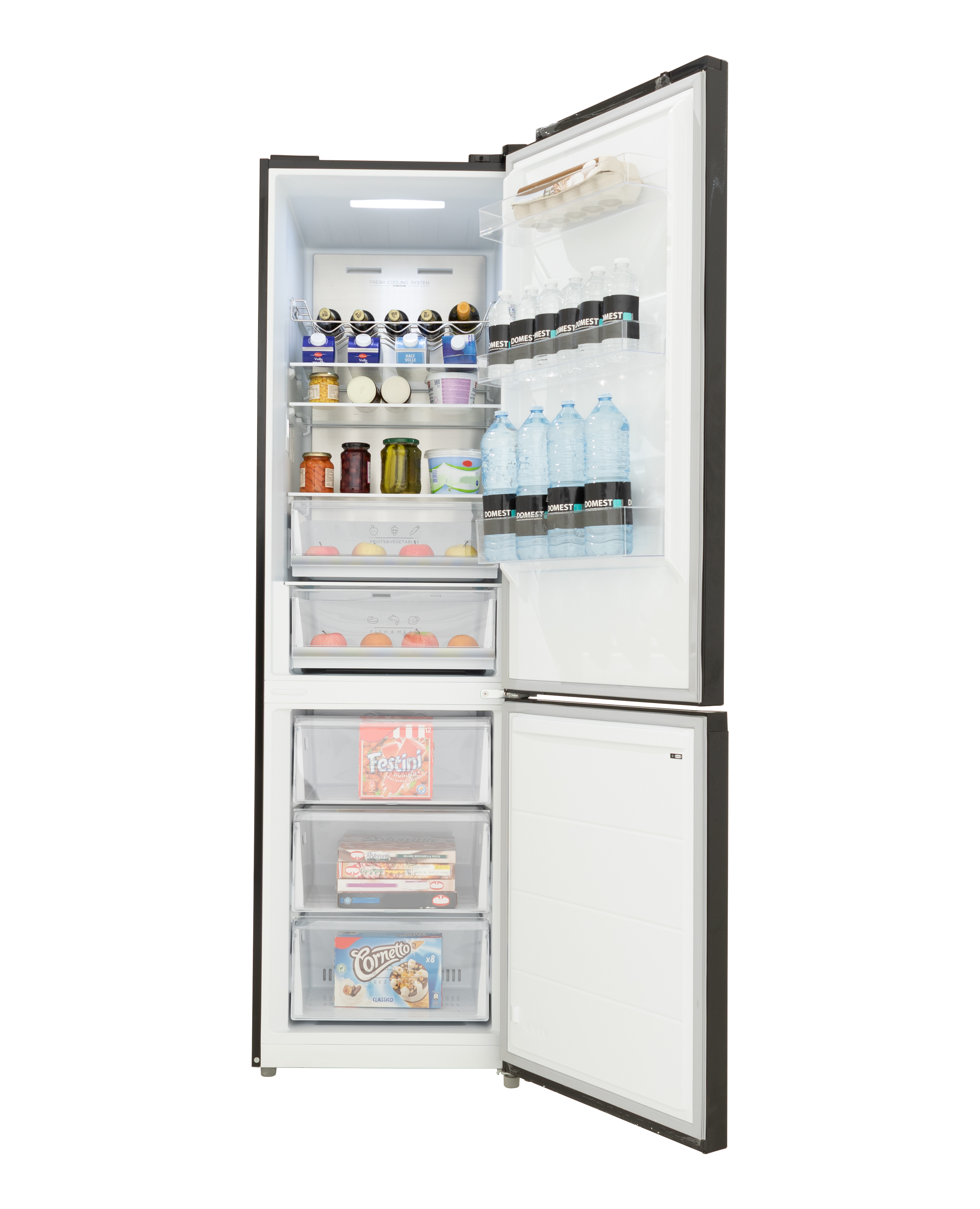 Open refrigerator. Food and drinks inside. White background. Door is open.