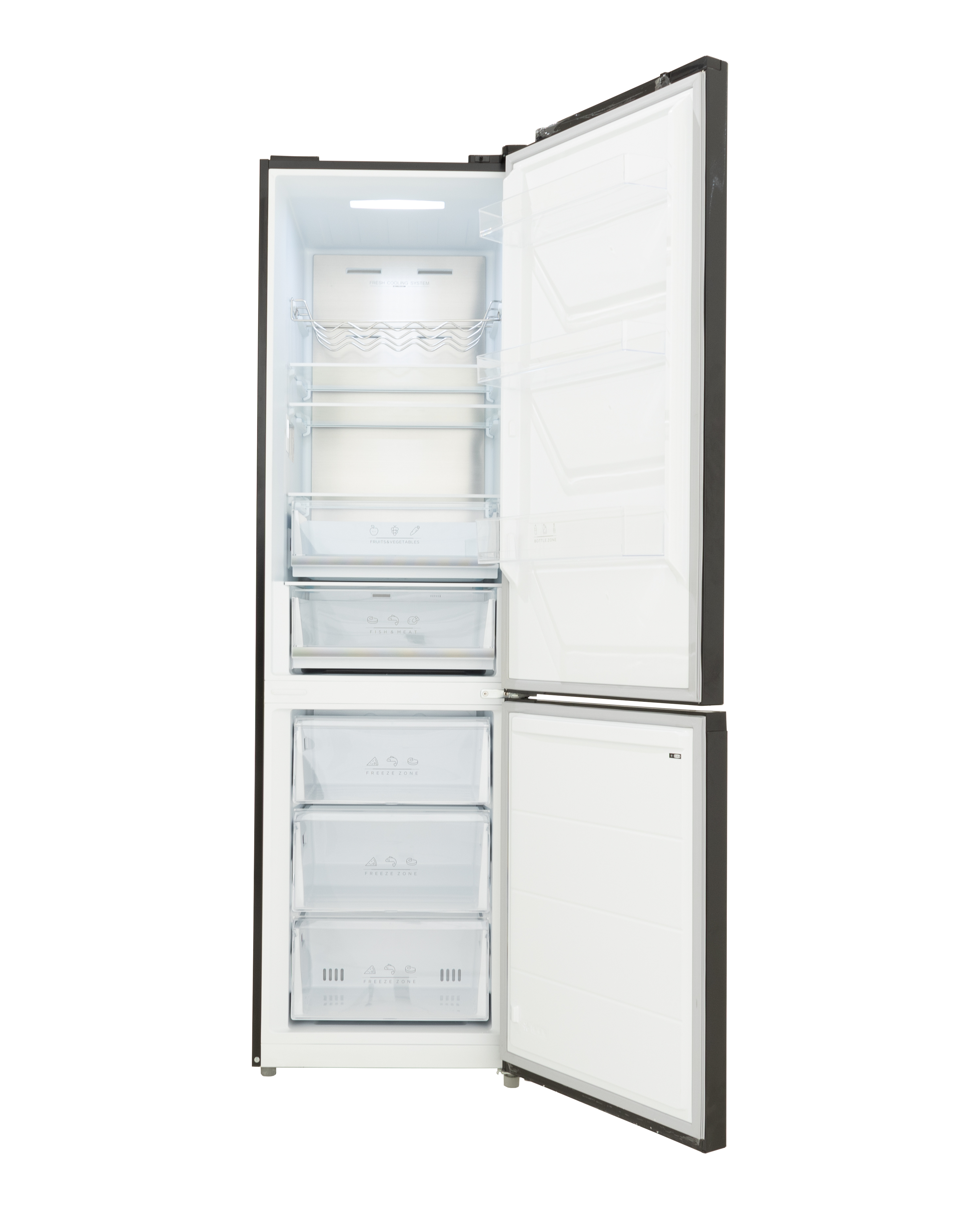 White refrigerator with open doors. Contains shelves, drawers, and food items. White background.