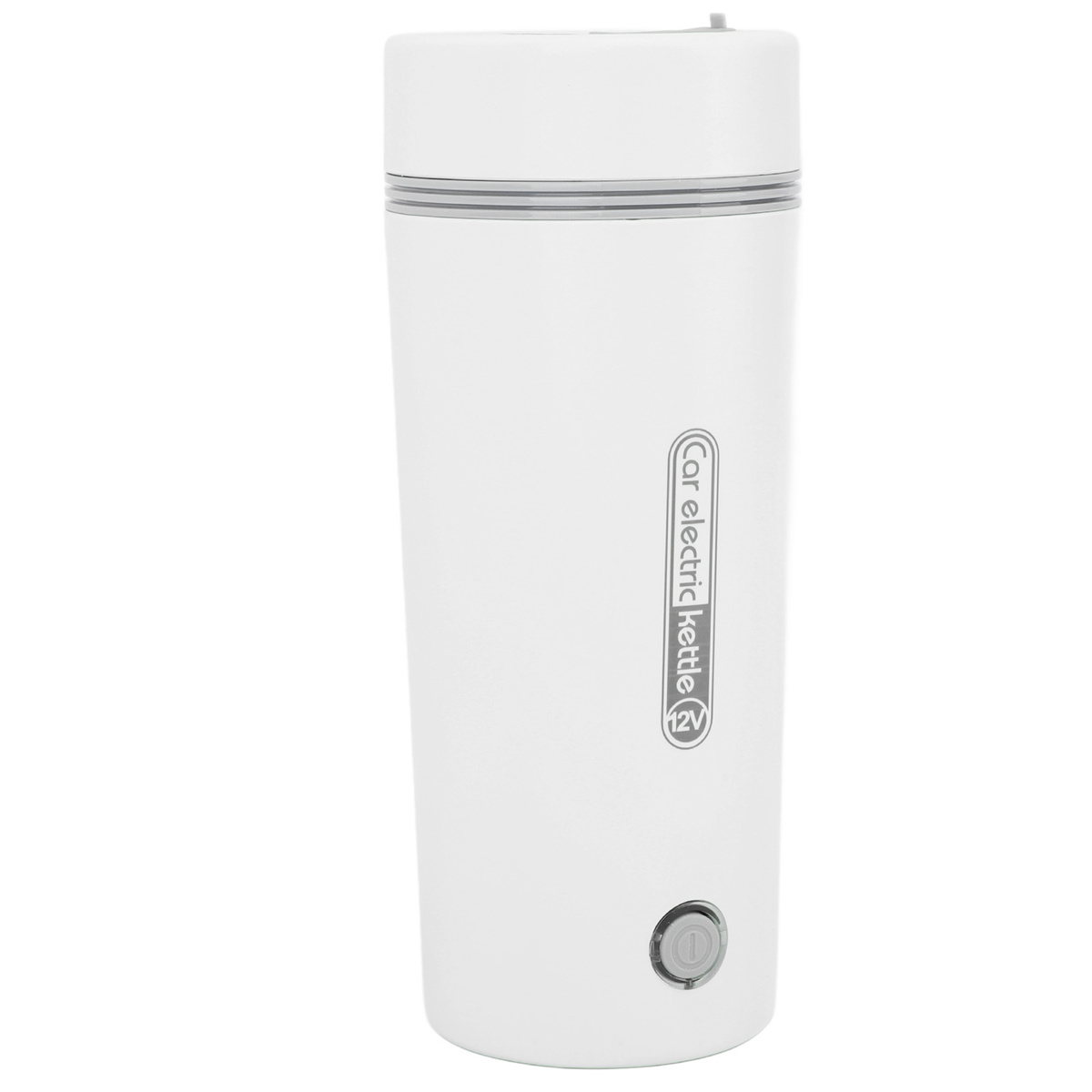 Weißer elektrischer Wasserkocher für das Auto mit silbernem Band. Er hat einen Knopf und das Wort 'Car electric kettle'.