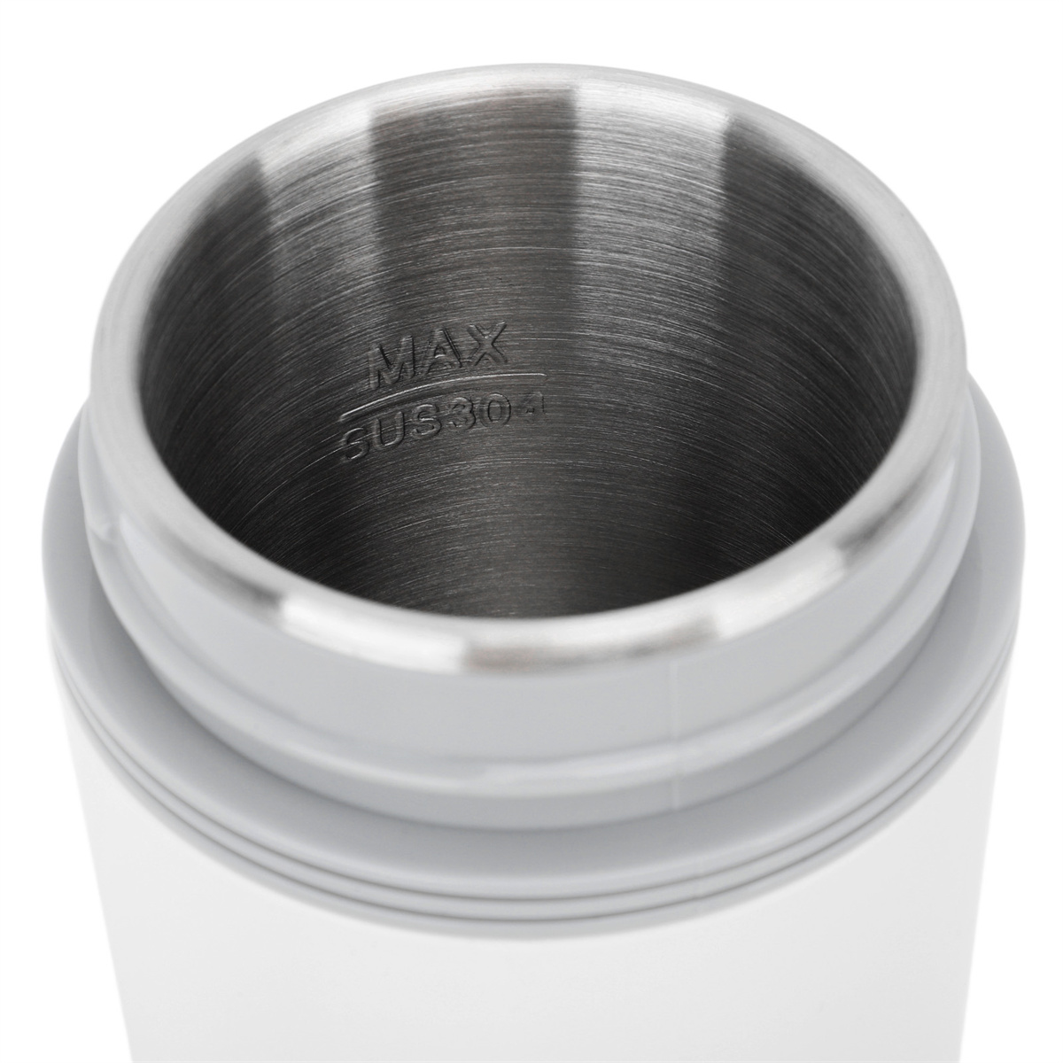 Edelstahl-Thermoskanne mit dem Wort "MAX" im Inneren der Öffnung sichtbar.
