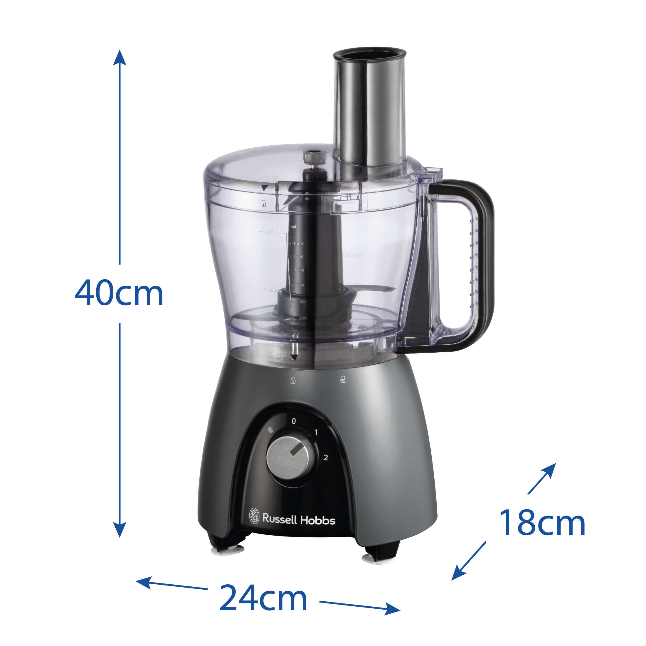 Grauer und schwarzer Foodprozessor mit Abmessungen. Er ist mit Russell Hobbs beschriftet.