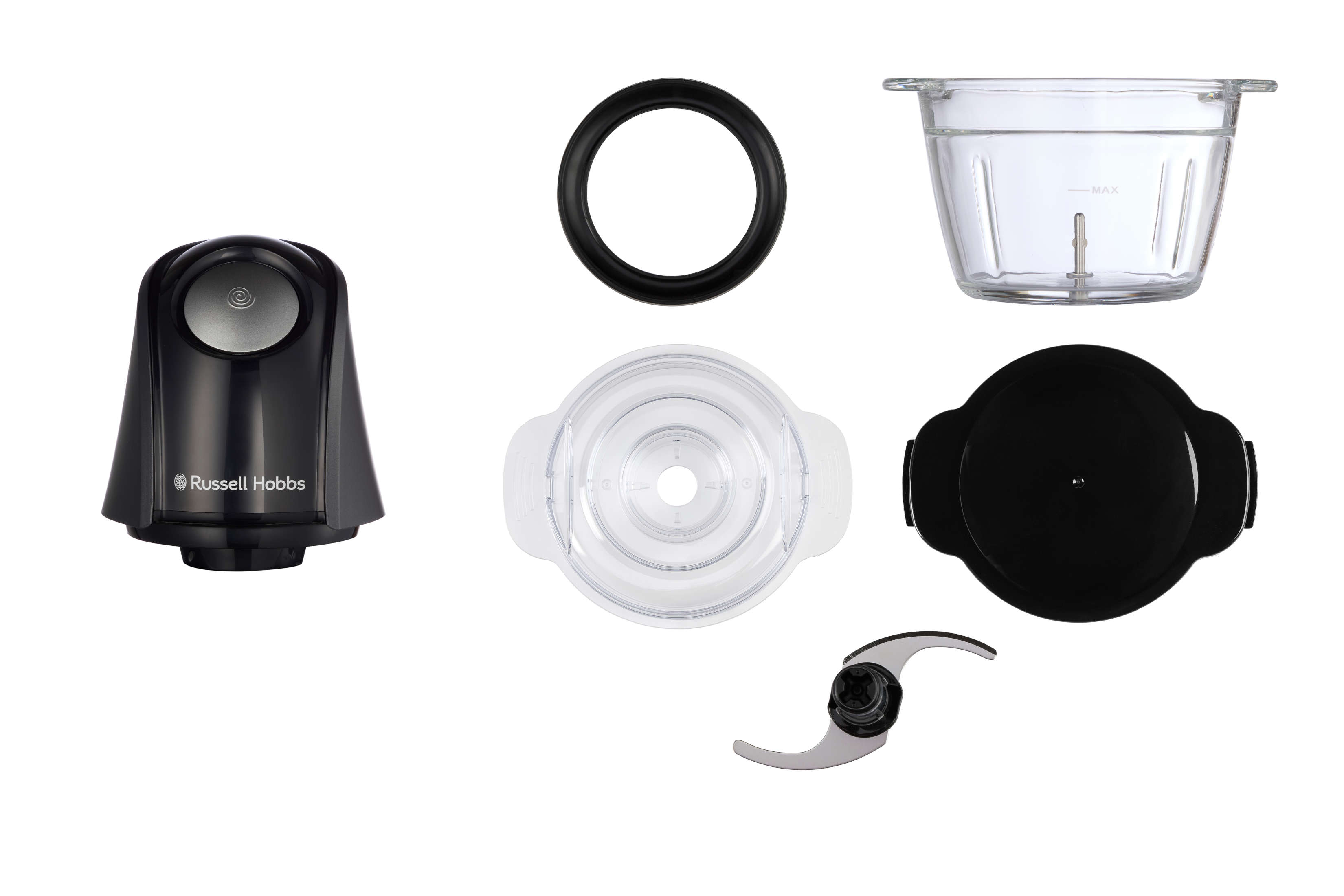 Russell Hobbs Küchenmaschine Teile, einschließlich Basis, Klinge, Schüssel und Deckel.