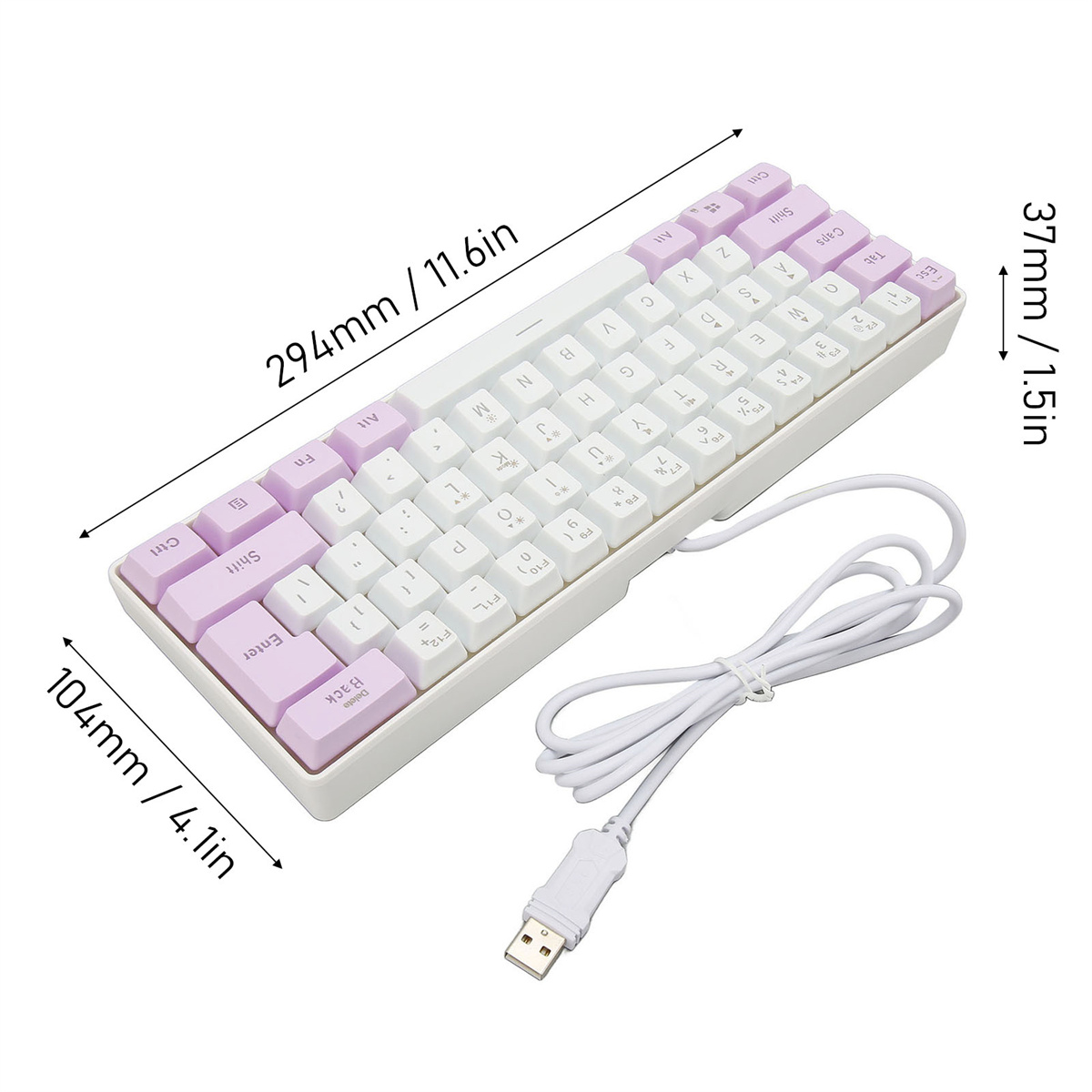 Weiße Tastatur mit lila Tasten, Kabel verbunden. Abmessungen sind angegeben, isoliert.