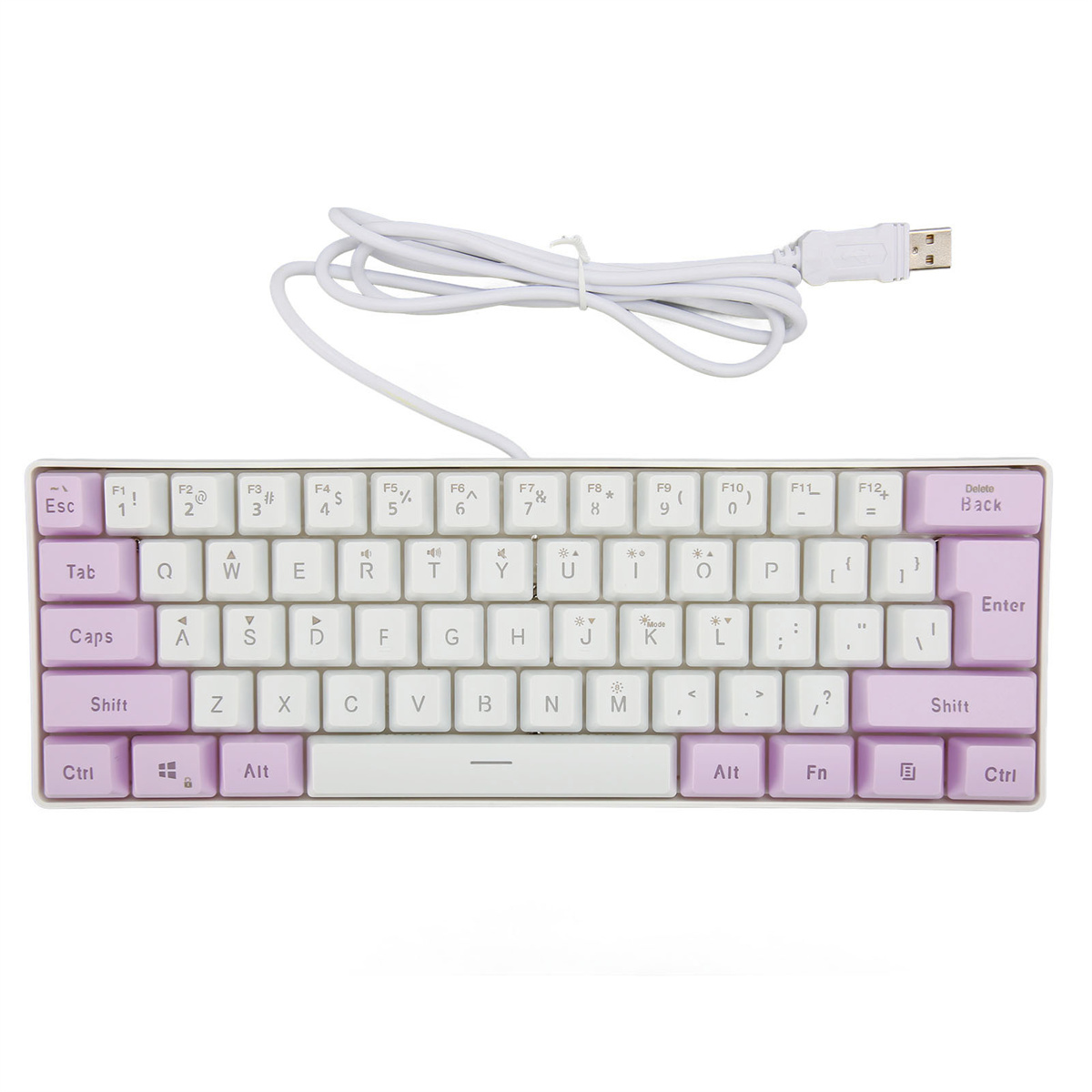 Weiße und lila Tastatur mit weißem USB-Kabel. Das Layout ist kompakt.