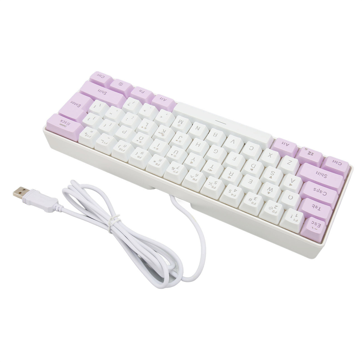 Weiße und lila mechanische Tastatur. Weiße Tasten mit lila Buchstaben. Lila Tasten an den Seiten.