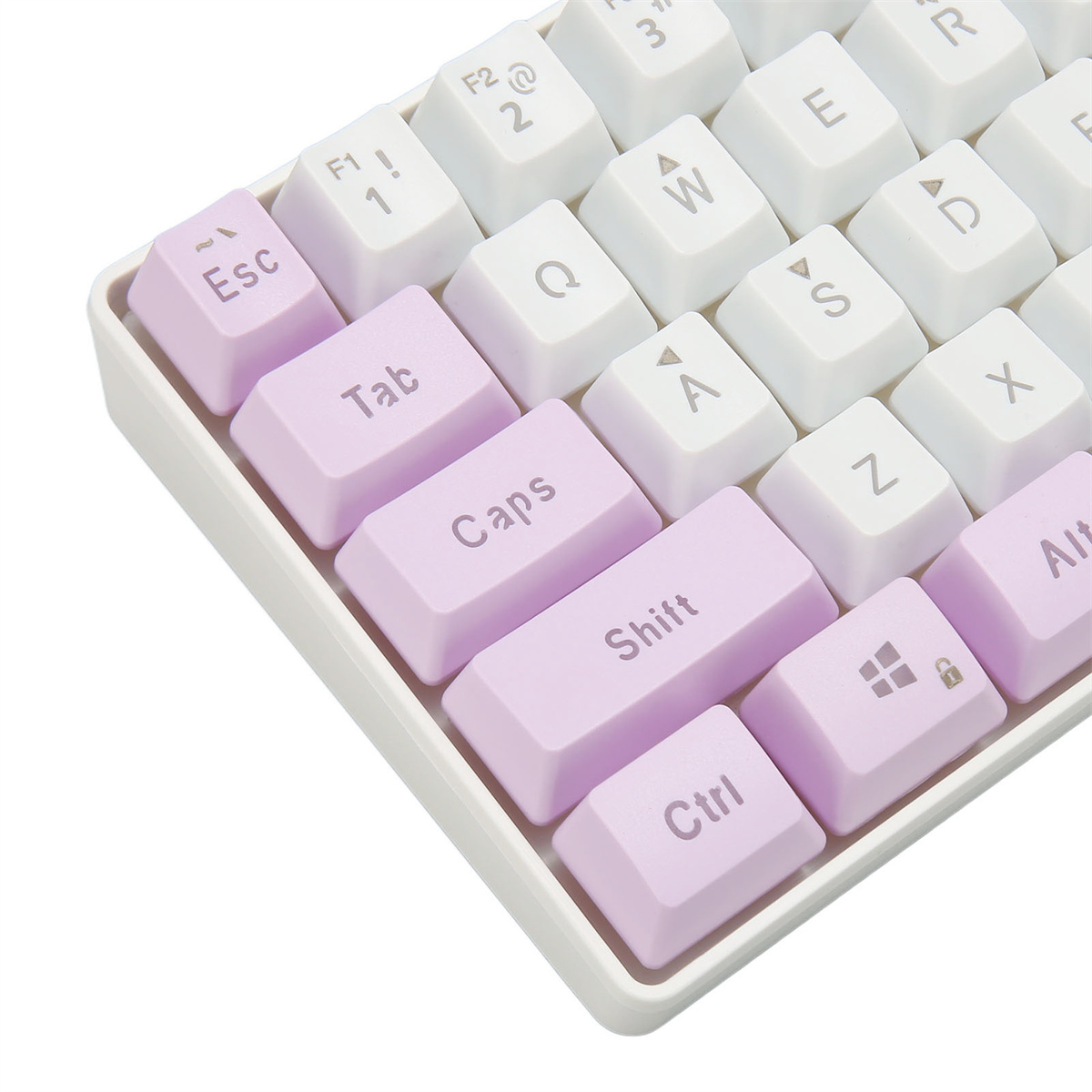Teilansicht einer Tastatur mit weißen und lila Tasten. Zeigt verschiedene Funktionstasten.